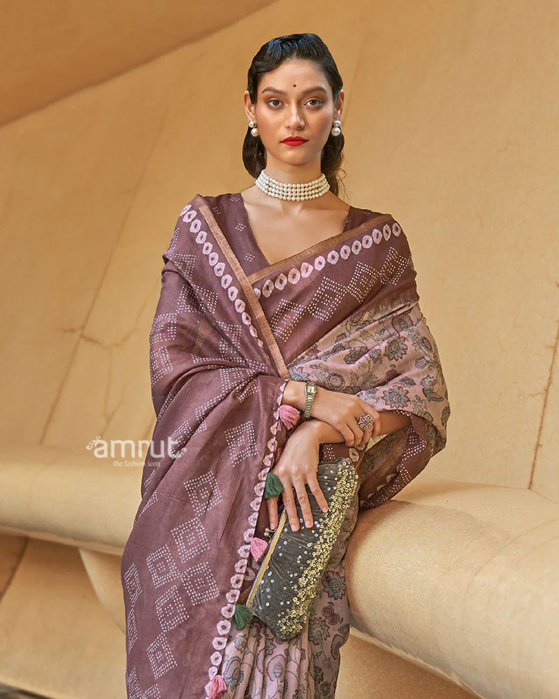 Brown Floral Printed Cotton Saree with Unstitched Blouse - Image 2