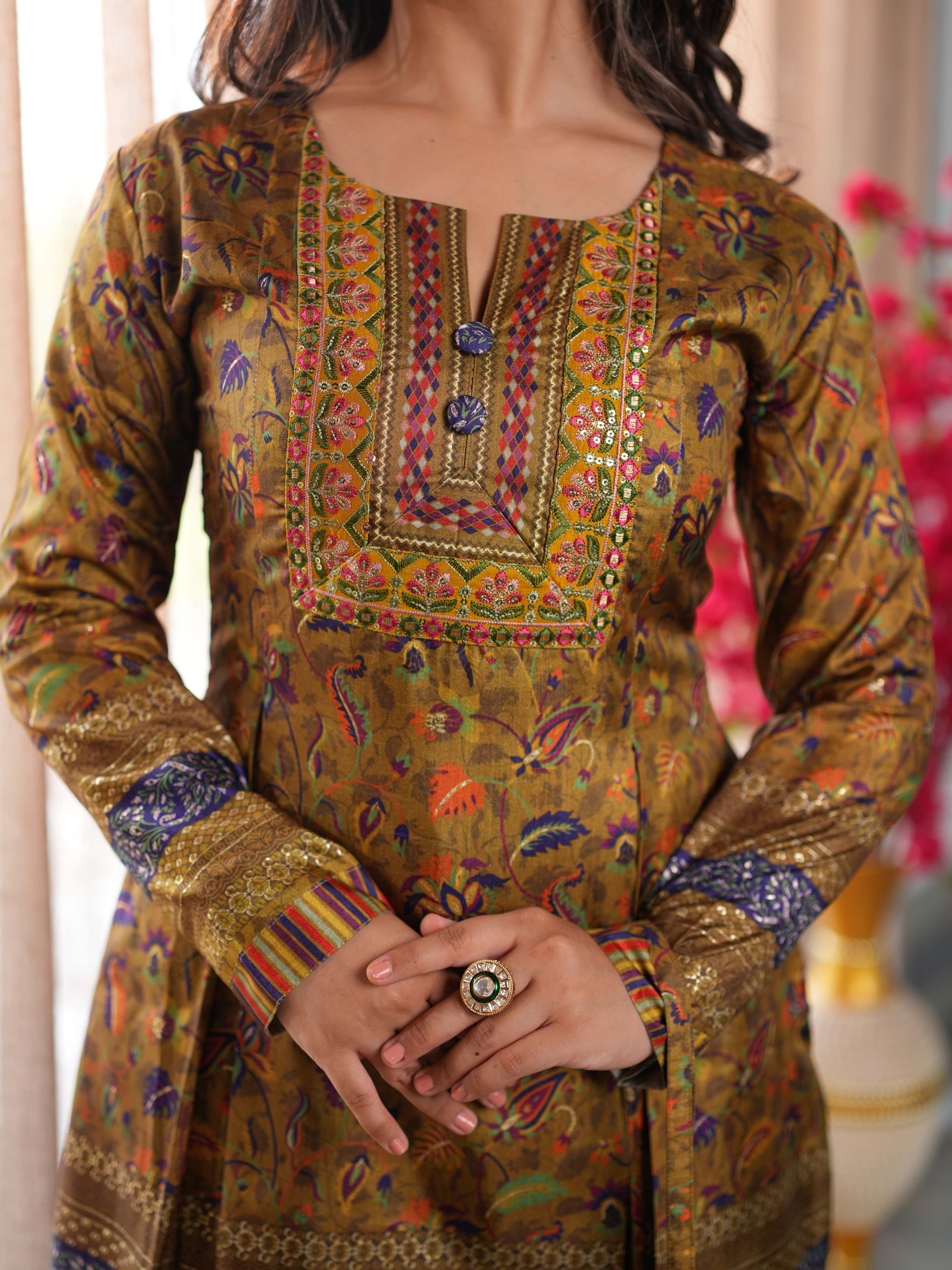 Brown Printed Cotton Ethnic Suit Set with Matching Handbag - Image 2
