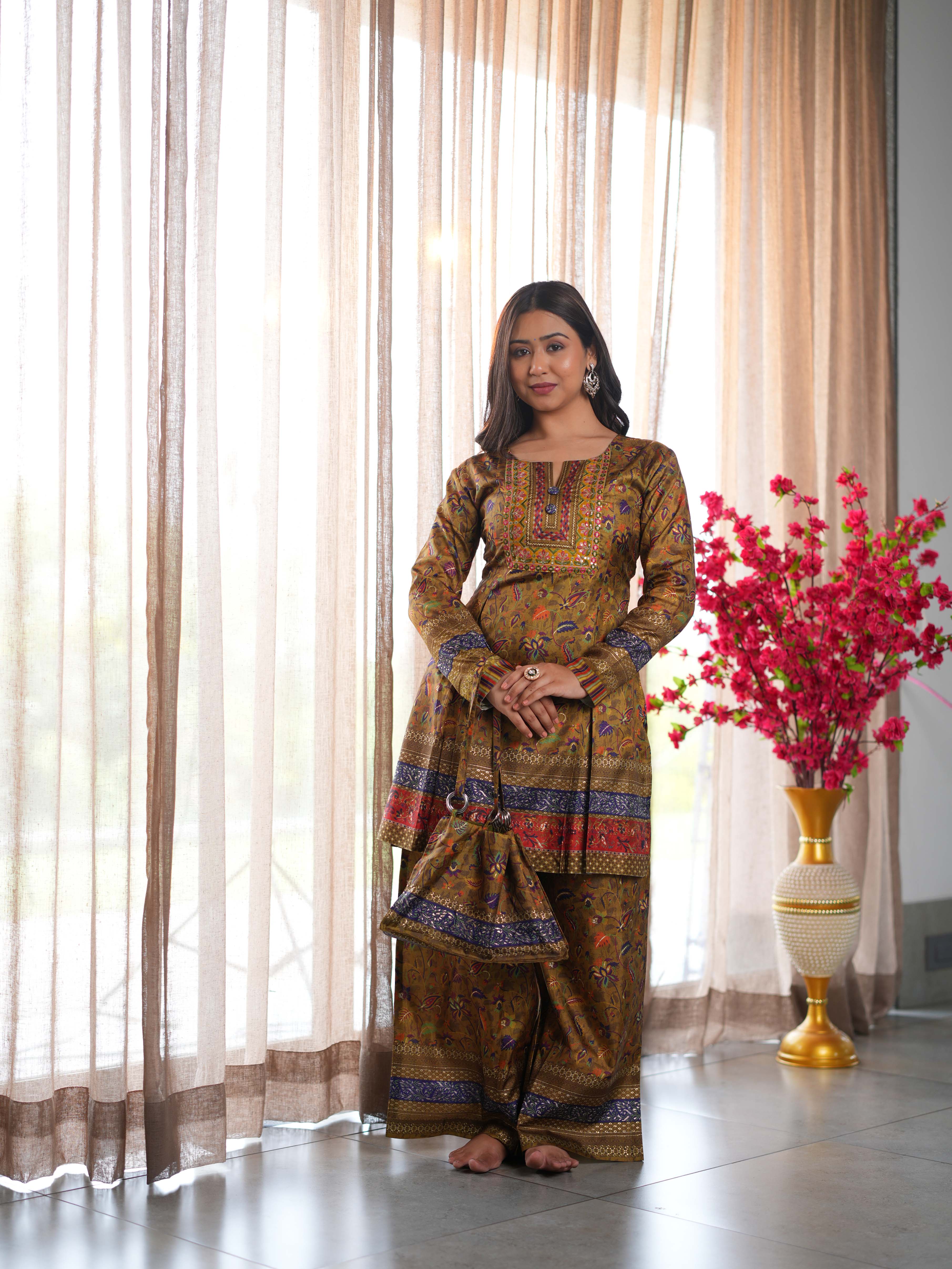 Brown Printed Cotton Ethnic Suit Set with Matching Handbag - Image 4