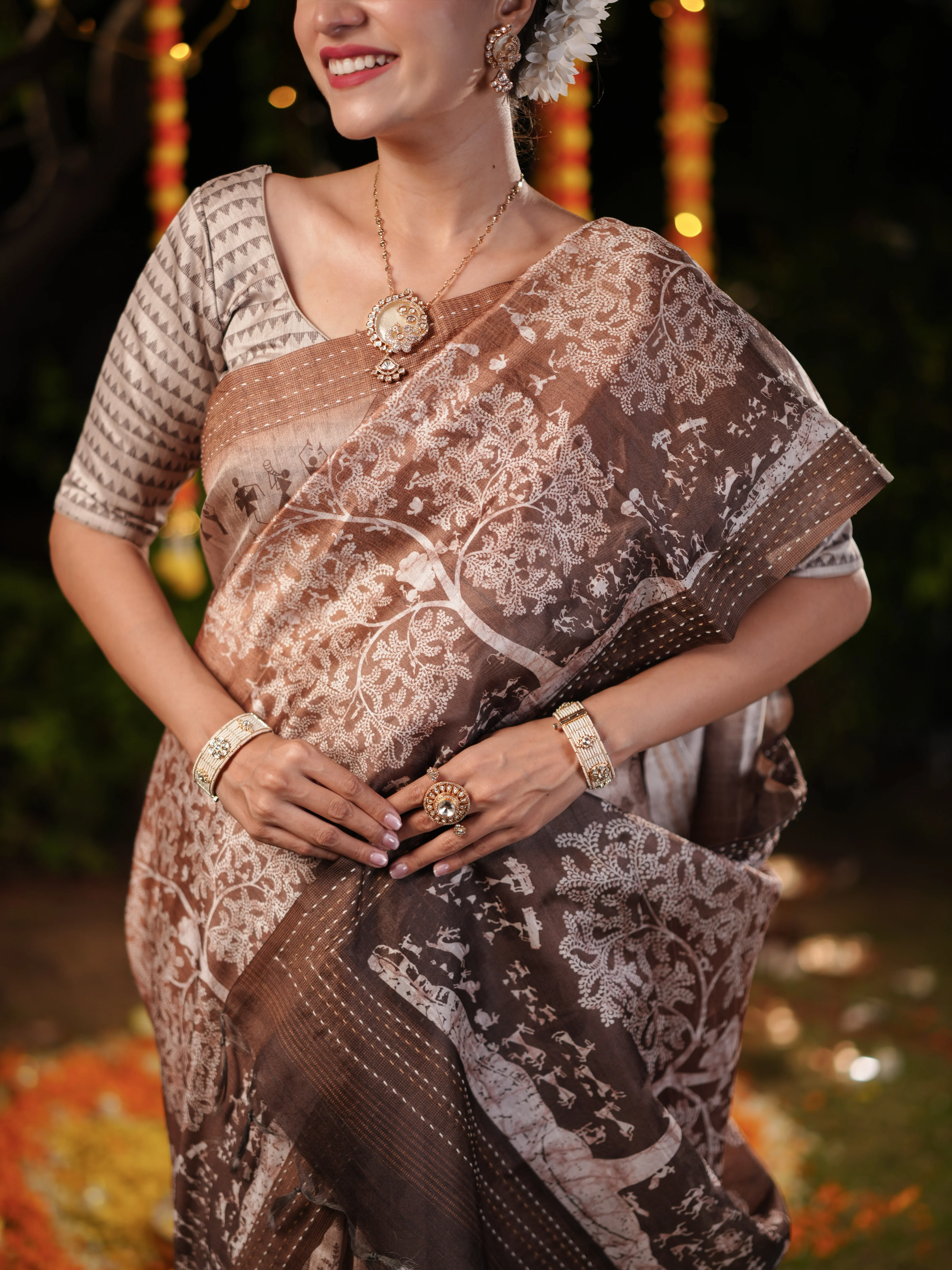 Brown PV Cotton Khadi Saree with Intricate Floral Prints and Unstitched Blouse - Image 3