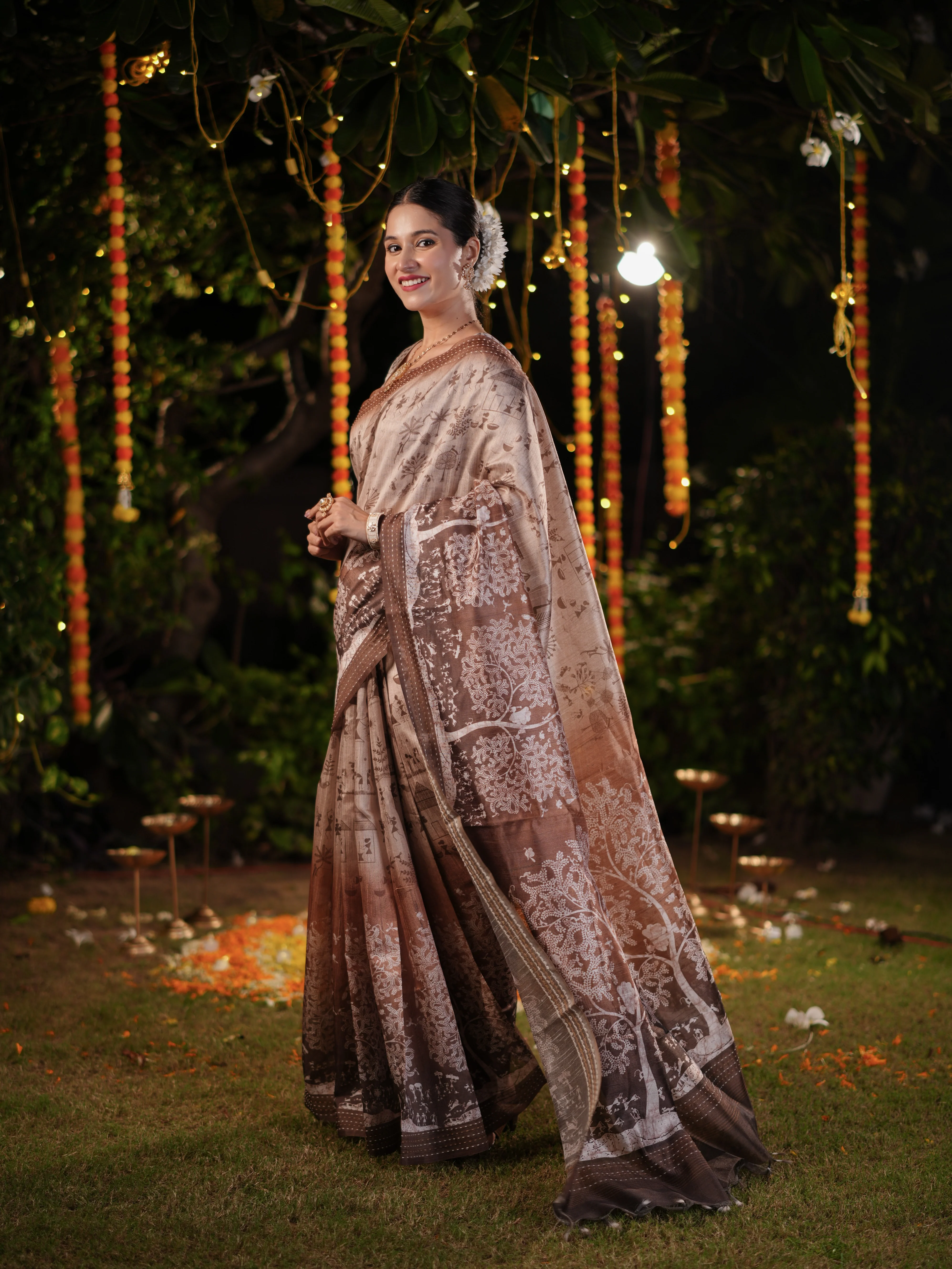 Brown PV Cotton Khadi Saree with Intricate Floral Prints and Unstitched Blouse - Image 4