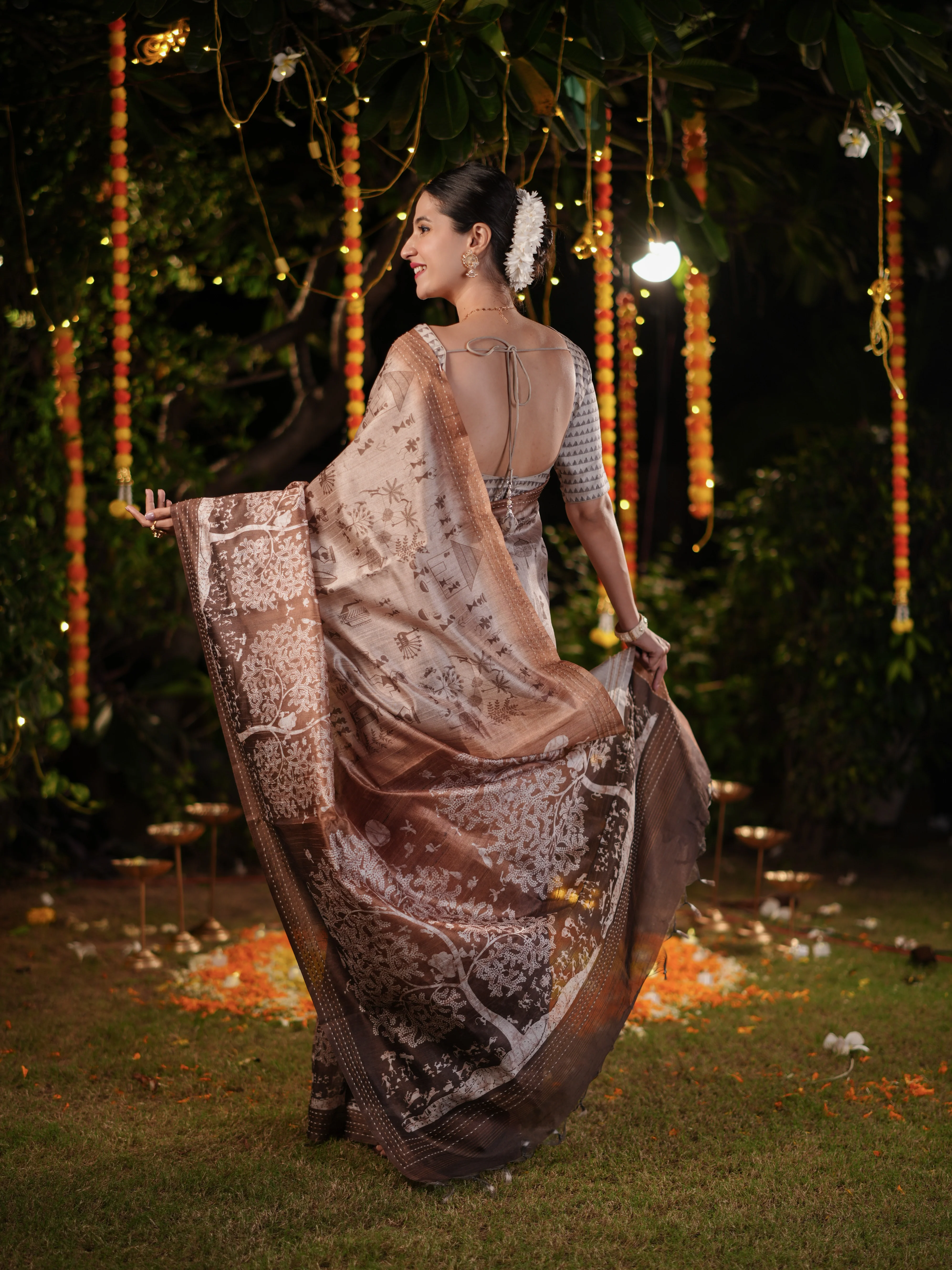Brown PV Cotton Khadi Saree with Intricate Floral Prints and Unstitched Blouse - Image 6