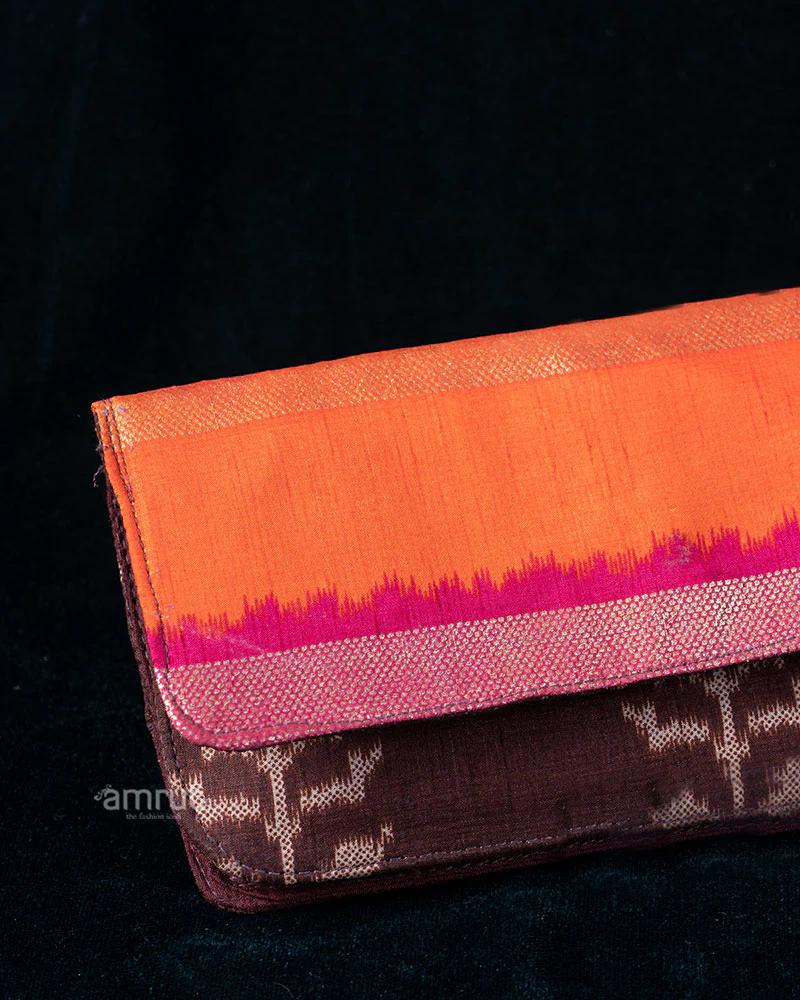 Burnt Orange and Chocolate Brown Fabric Clutch - Image 2