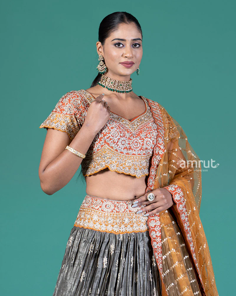 Burnt Orange and Grey Embellished Lehenga Choli with Dupatta - Image 2