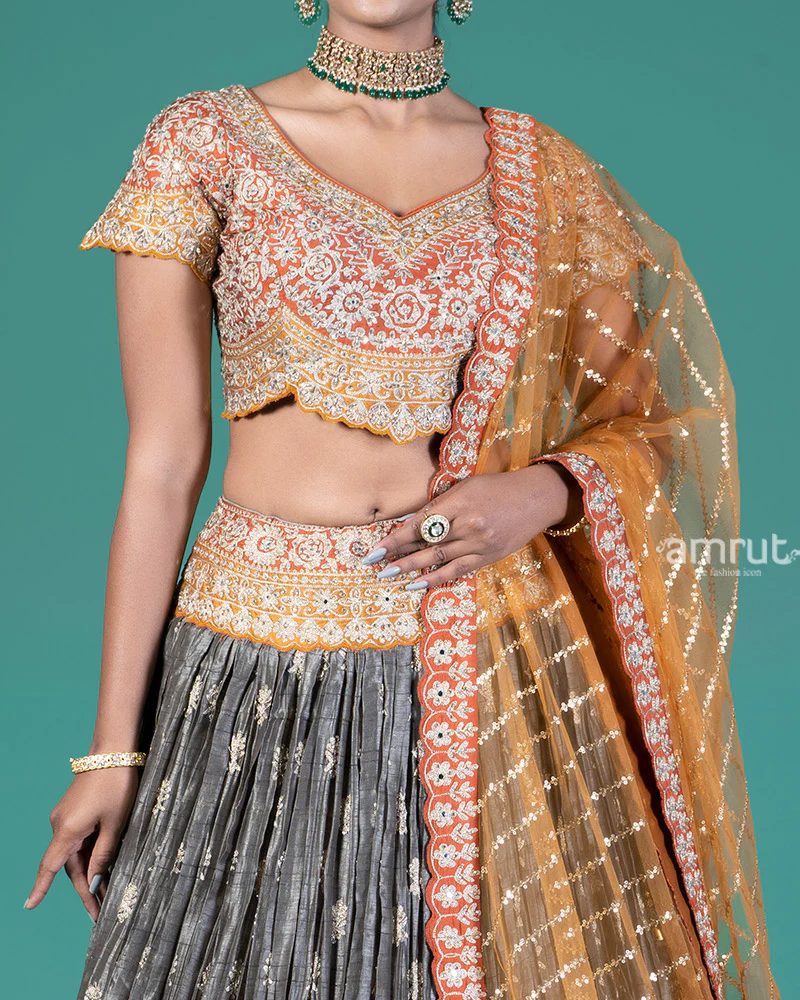 Burnt Orange and Grey Embellished Lehenga Choli with Dupatta - Image 3