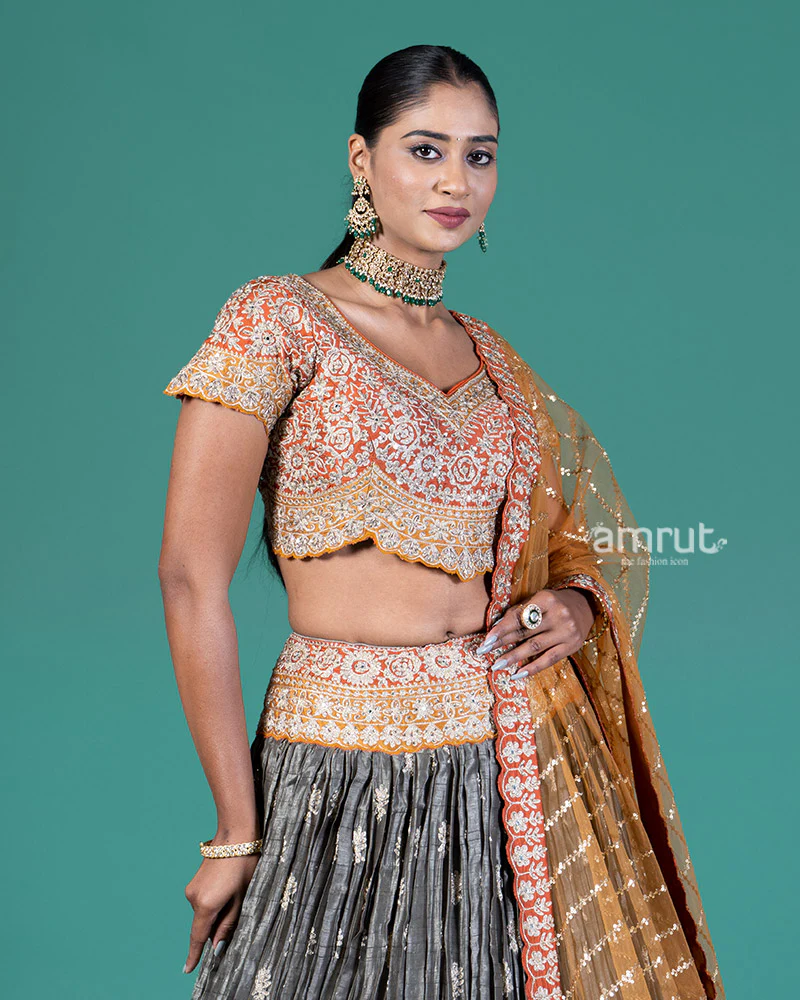 Burnt Orange and Grey Embellished Lehenga Choli with Dupatta - Image 4