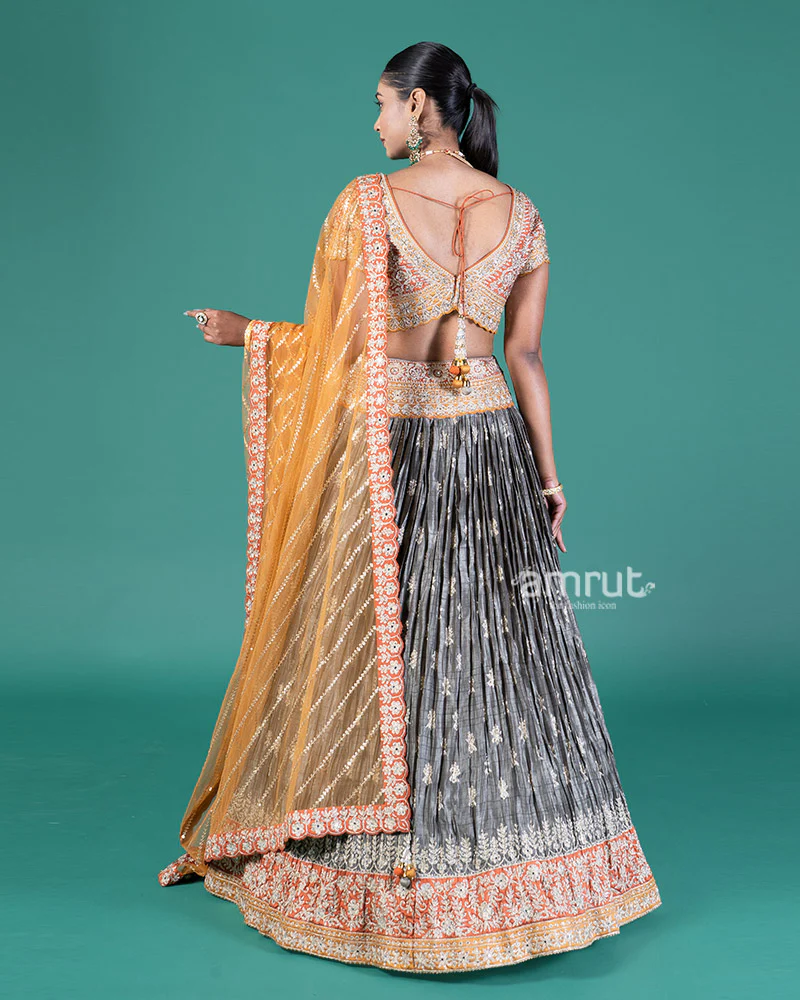 Burnt Orange and Grey Embellished Lehenga Choli with Dupatta - Image 5