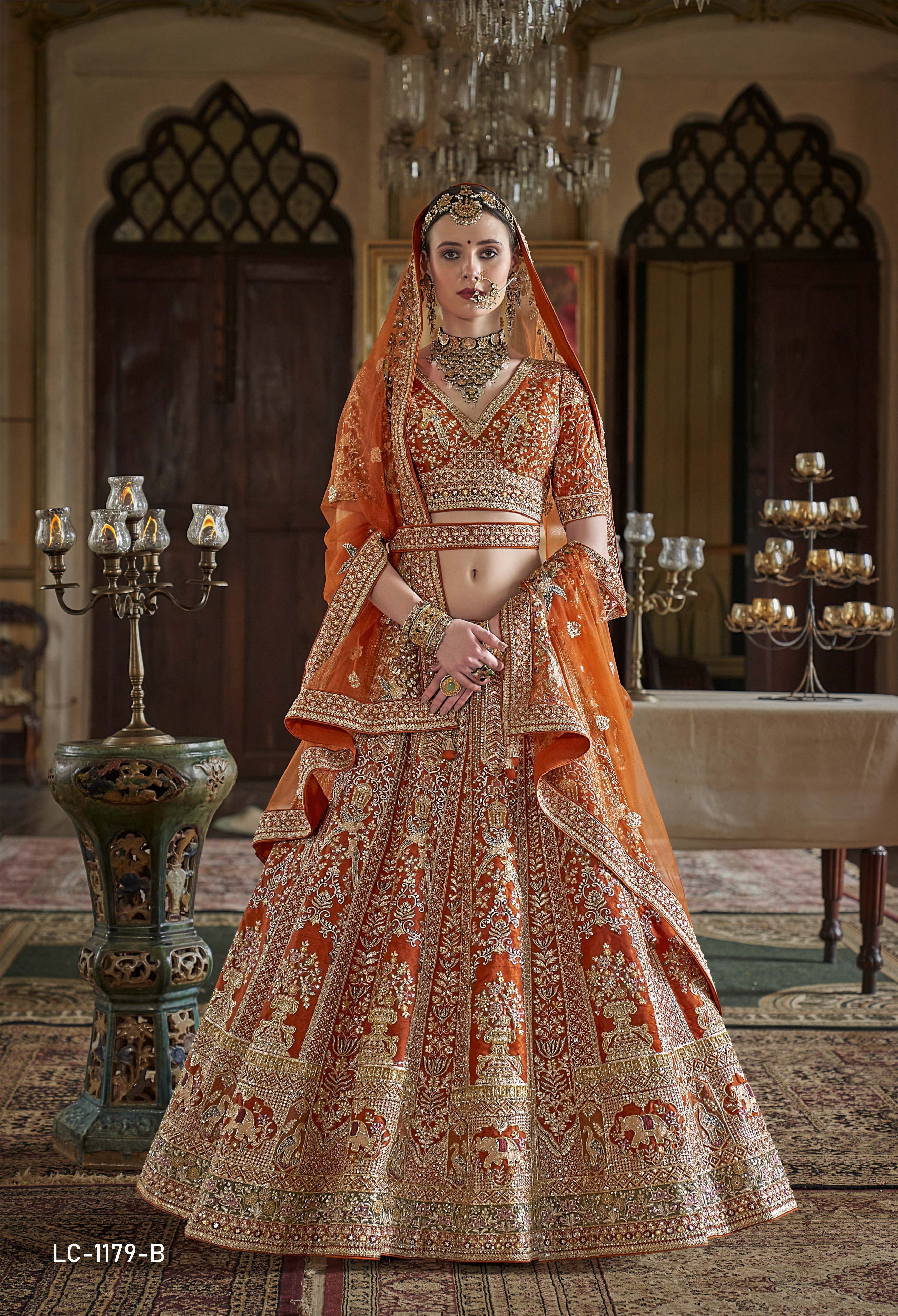 Burnt Saffron Handcrafted Bridal Lehenga with Zardozi & Elephant Motif Embroidery - Image 2