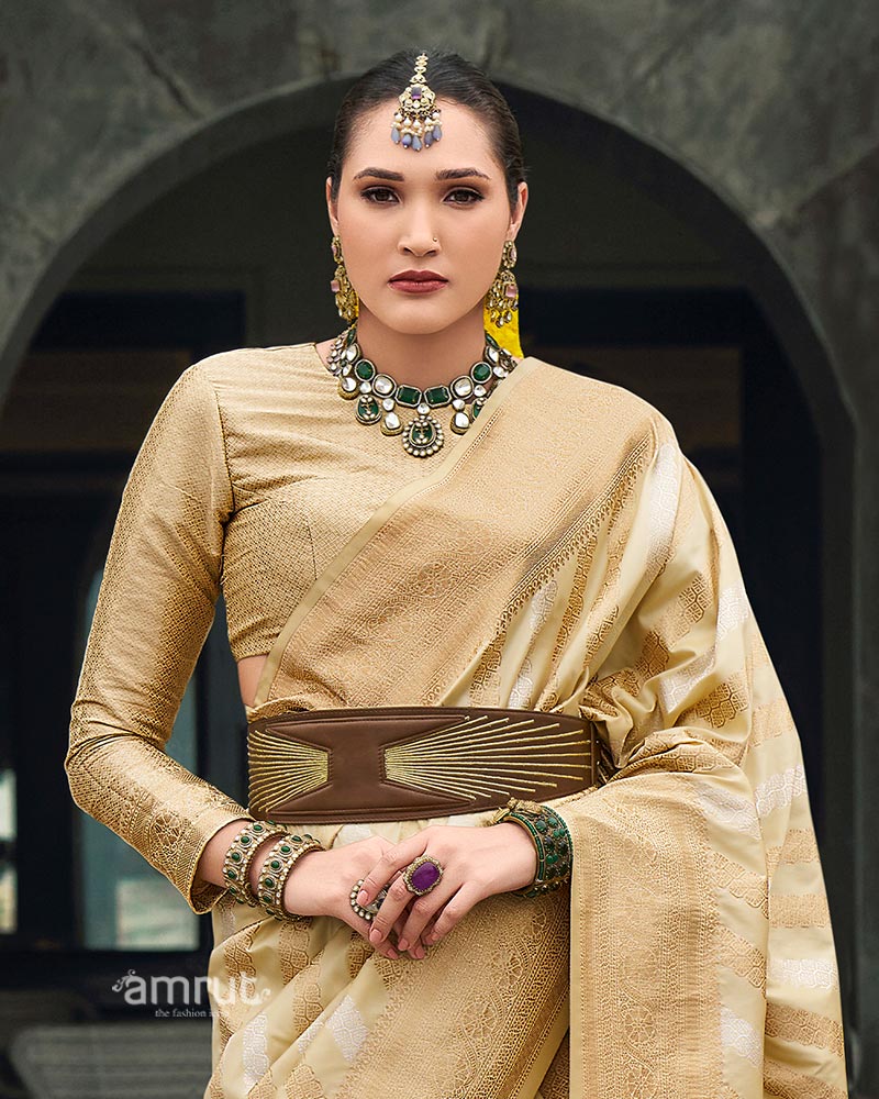 Champagne Beige Banarasi Silk Saree with Tonal Zari Weaving and Unstitched Blouse - Image 2