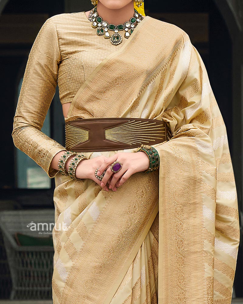 Champagne Beige Banarasi Silk Saree with Tonal Zari Weaving and Unstitched Blouse - Image 3