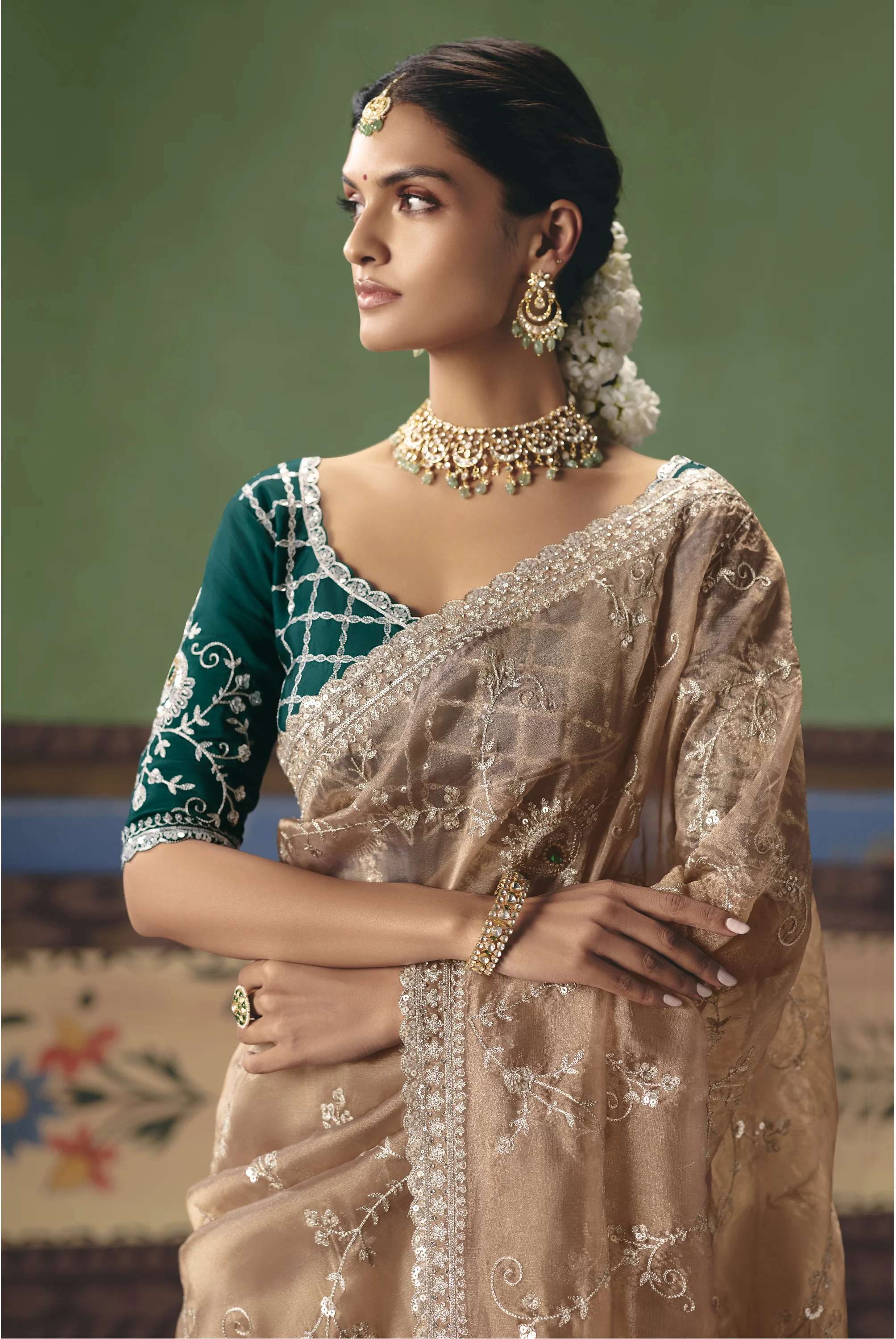 Champagne Beige Designer Embroidered Saree with Contrast Blouse - Image 2