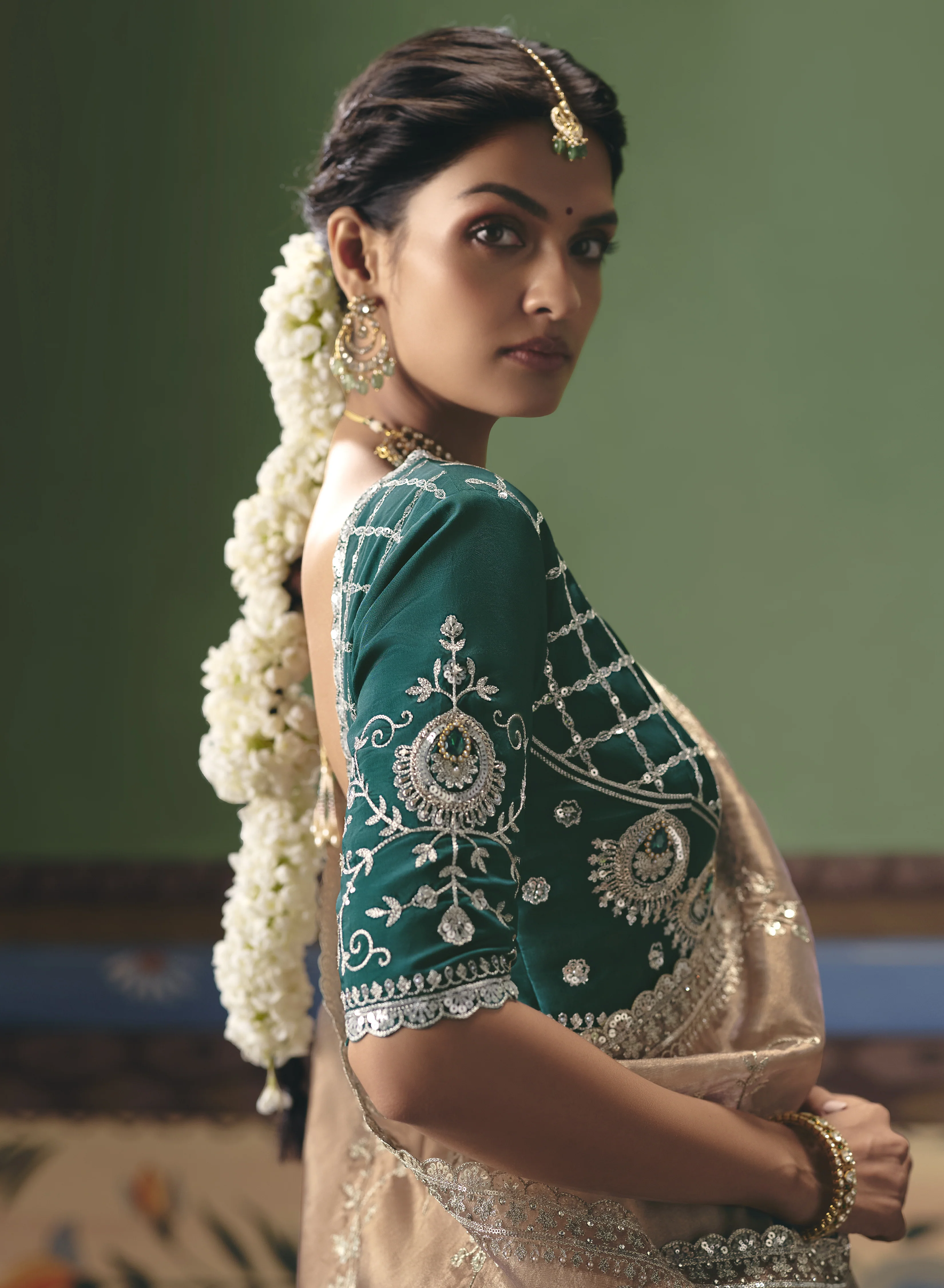 Champagne Beige Designer Embroidered Saree with Contrast Blouse - Image 3