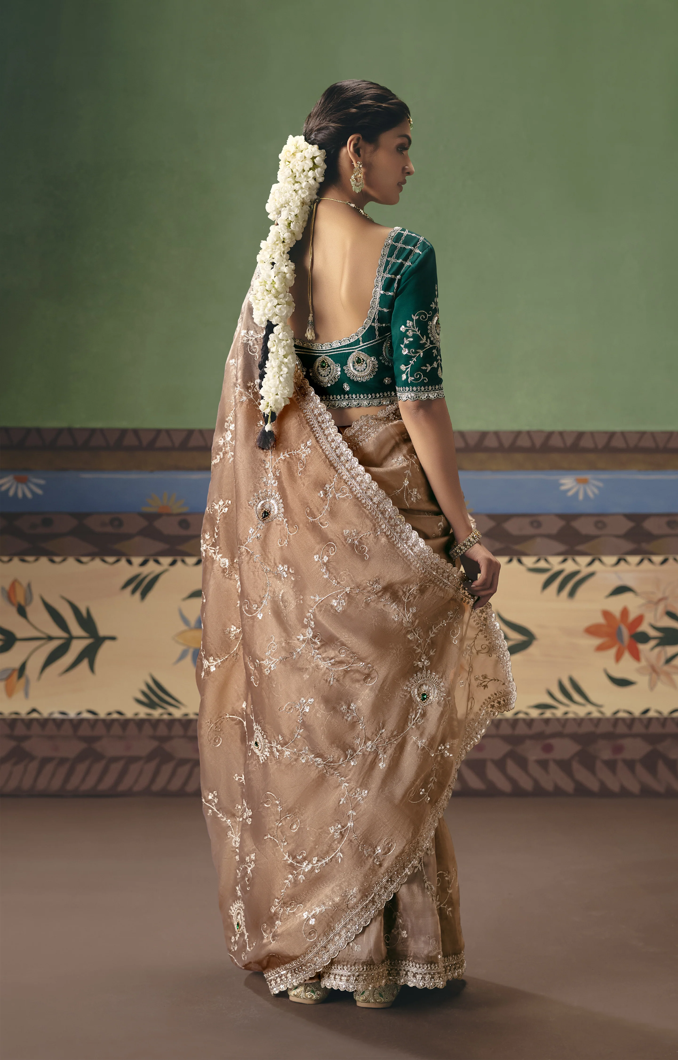 Champagne Beige Designer Embroidered Saree with Contrast Blouse - Image 4