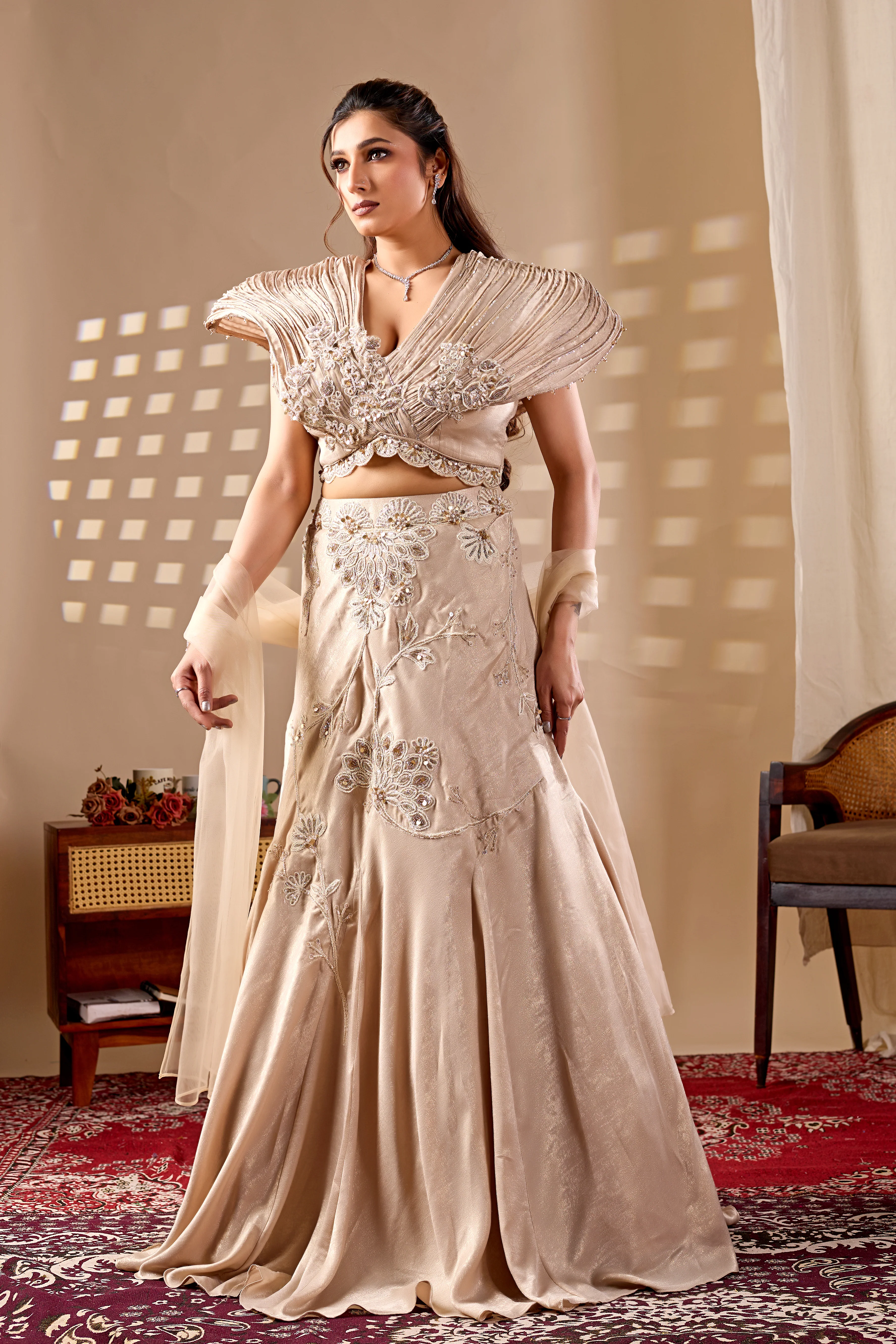 Champagne Beige Designer Lehenga Set with Embellished Blouse & Dupatta - Image 3