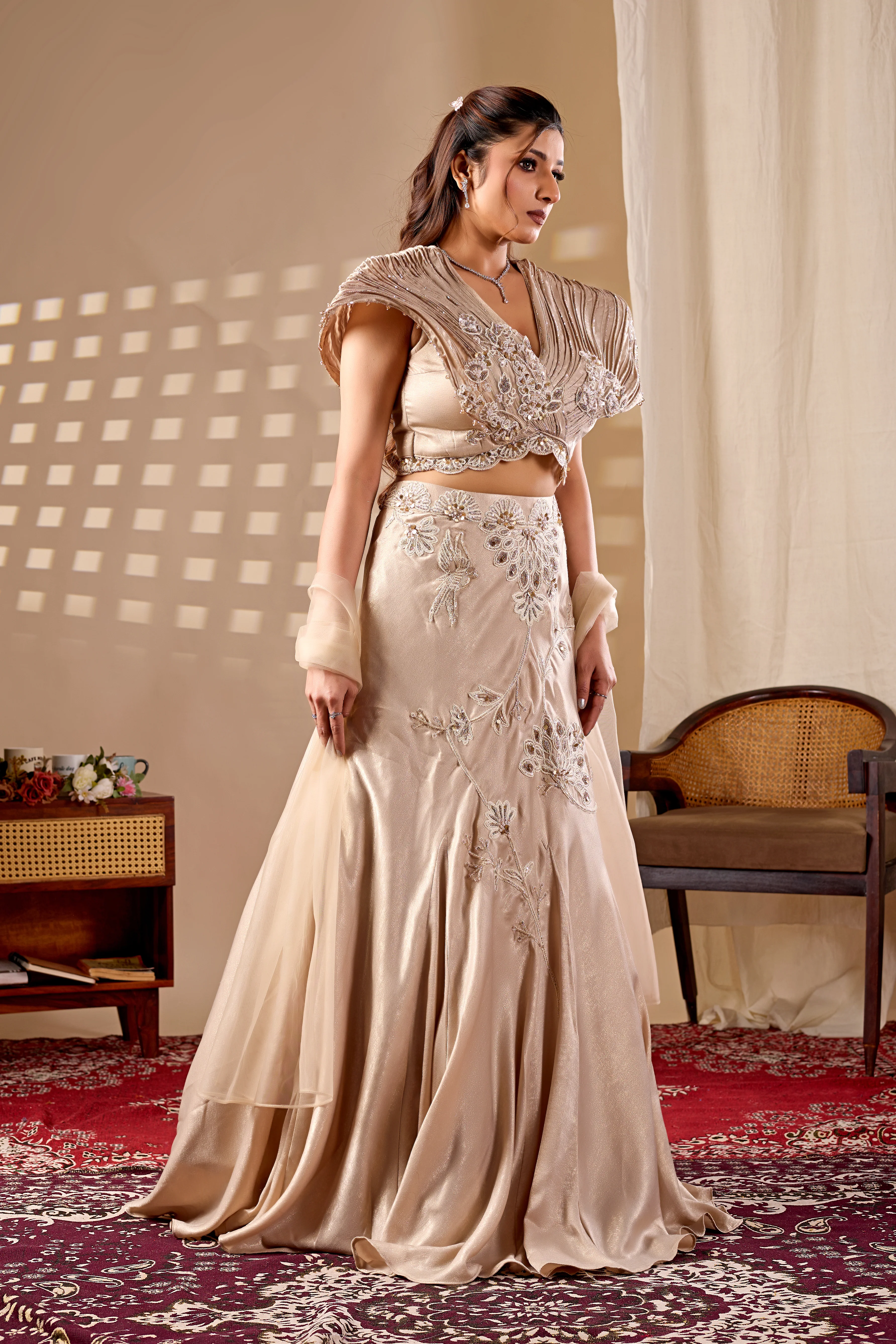 Champagne Beige Designer Lehenga Set with Embellished Blouse & Dupatta - Image 4