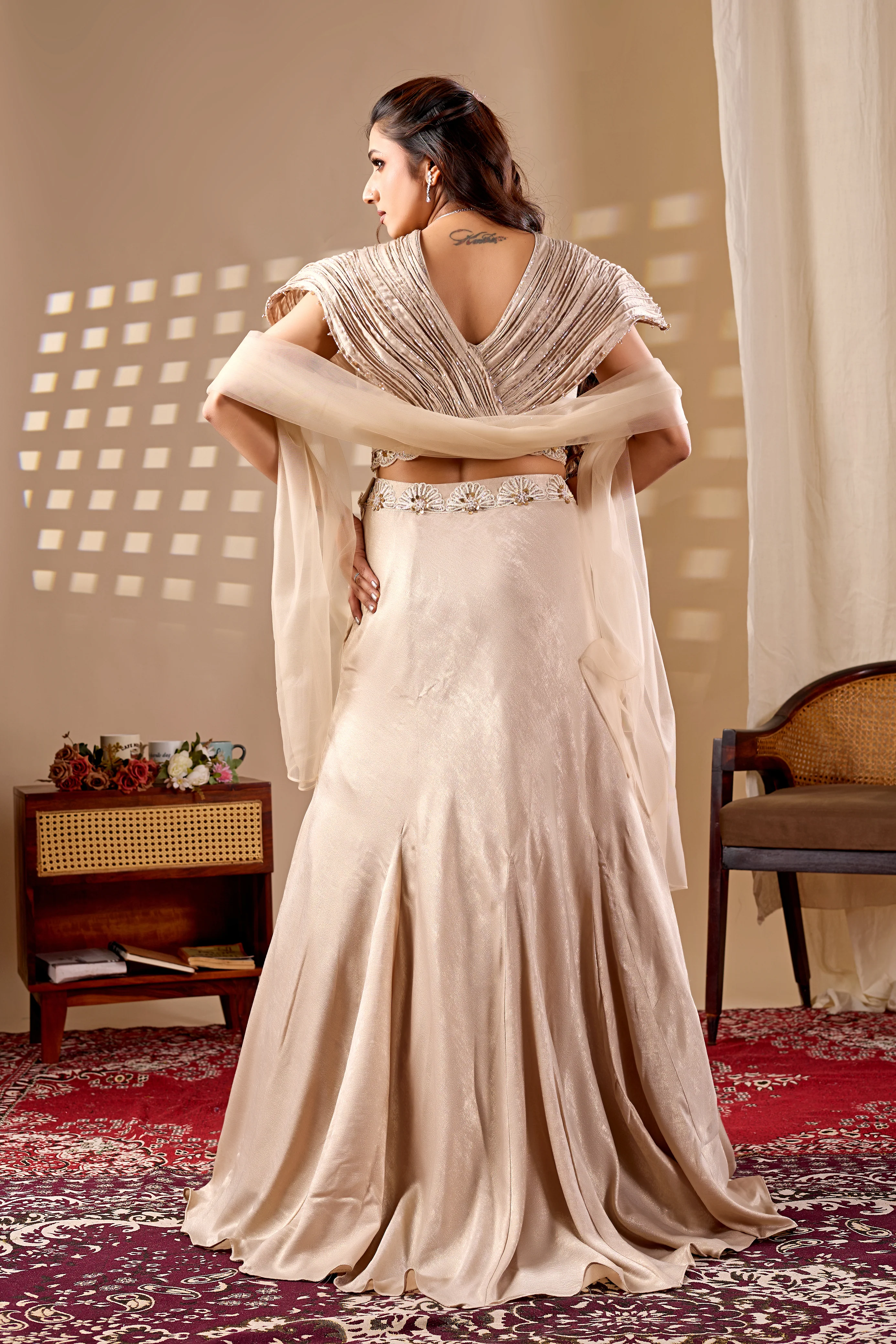 Champagne Beige Designer Lehenga Set with Embellished Blouse & Dupatta - Image 6