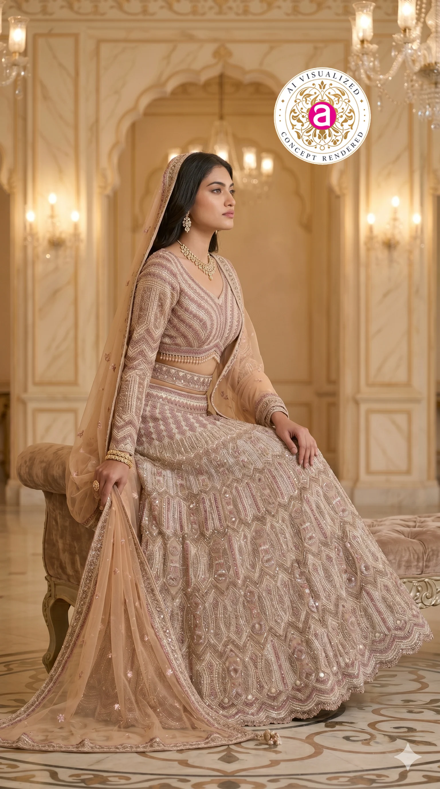Champagne Beige Designer Lehenga Set with Intricate Embroidered Blouse and Net Dupatta - Image 2