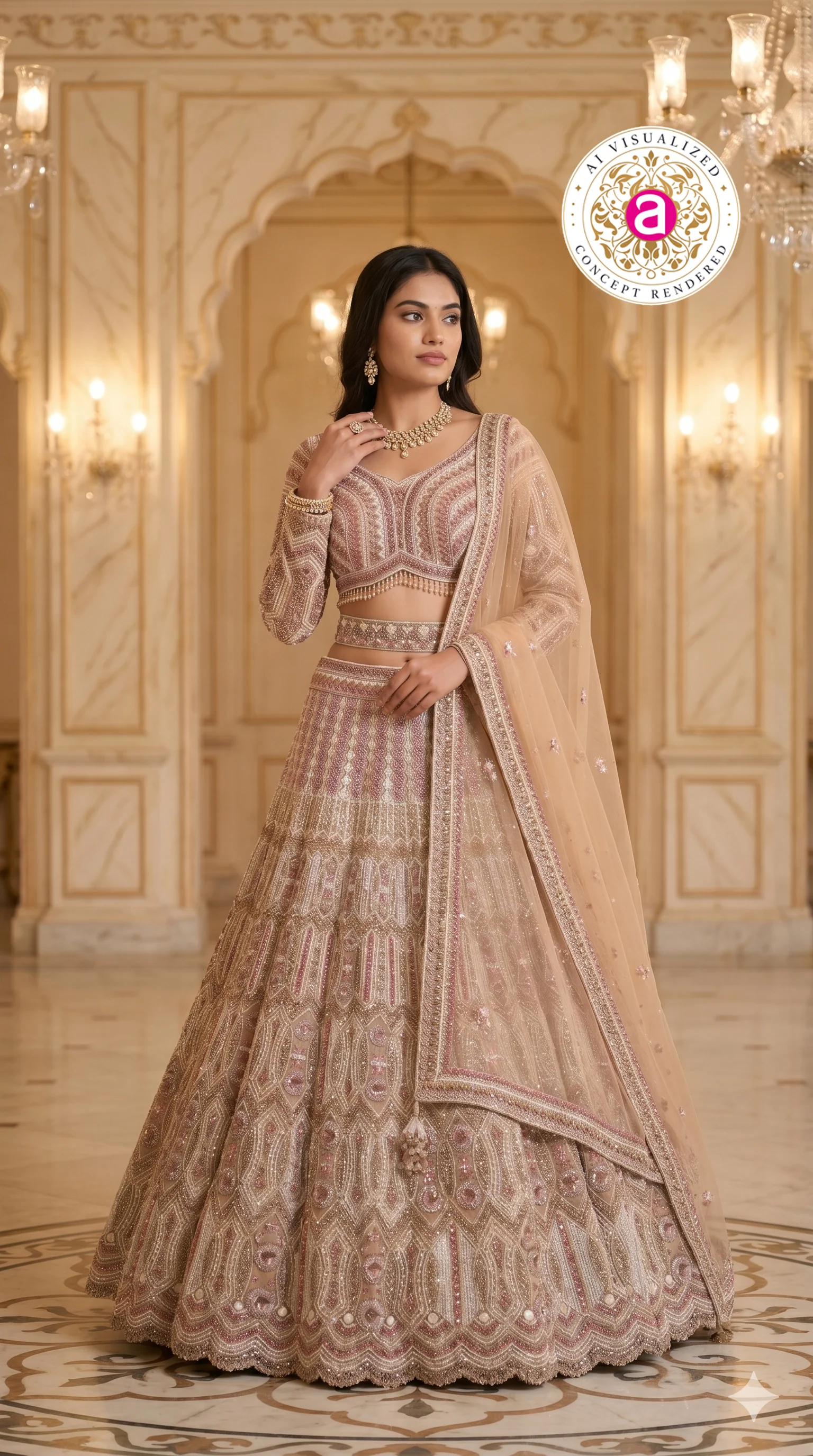 Champagne Beige Designer Lehenga Set with Intricate Embroidered Blouse and Net Dupatta - Image 3