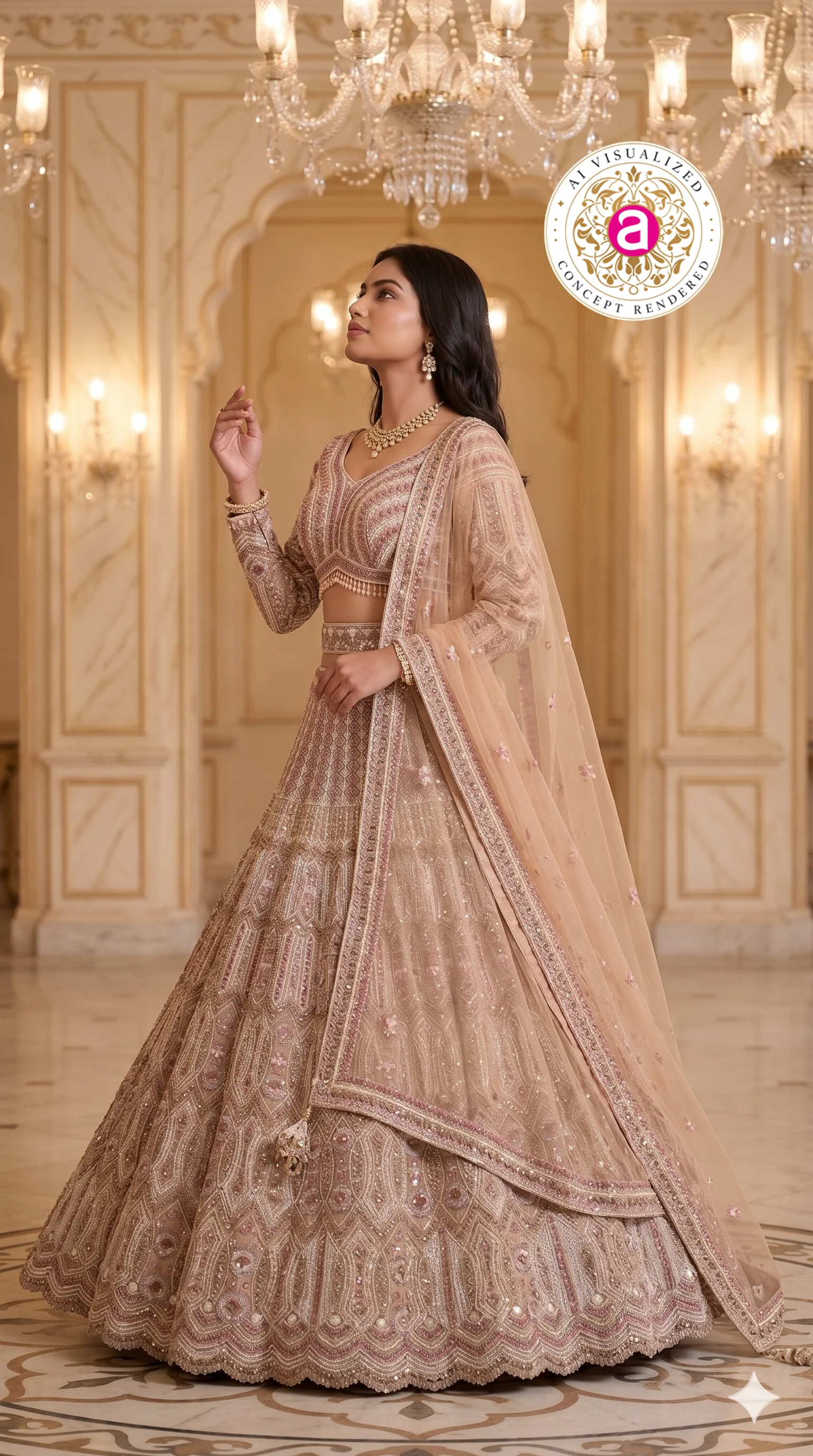 Champagne Beige Designer Lehenga Set with Intricate Embroidered Blouse and Net Dupatta - Image 4
