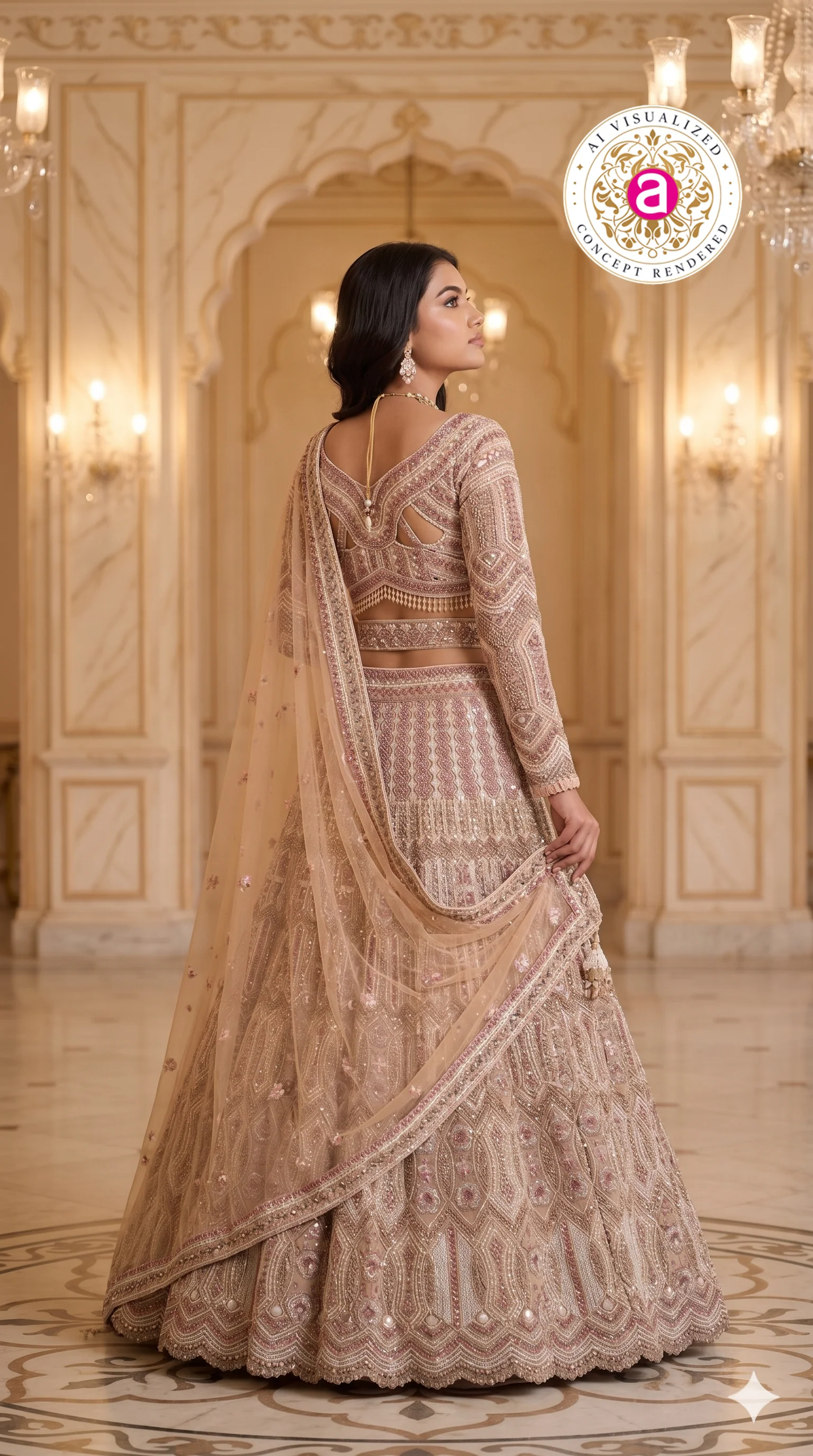 Champagne Beige Designer Lehenga Set with Intricate Embroidered Blouse and Net Dupatta - Image 5