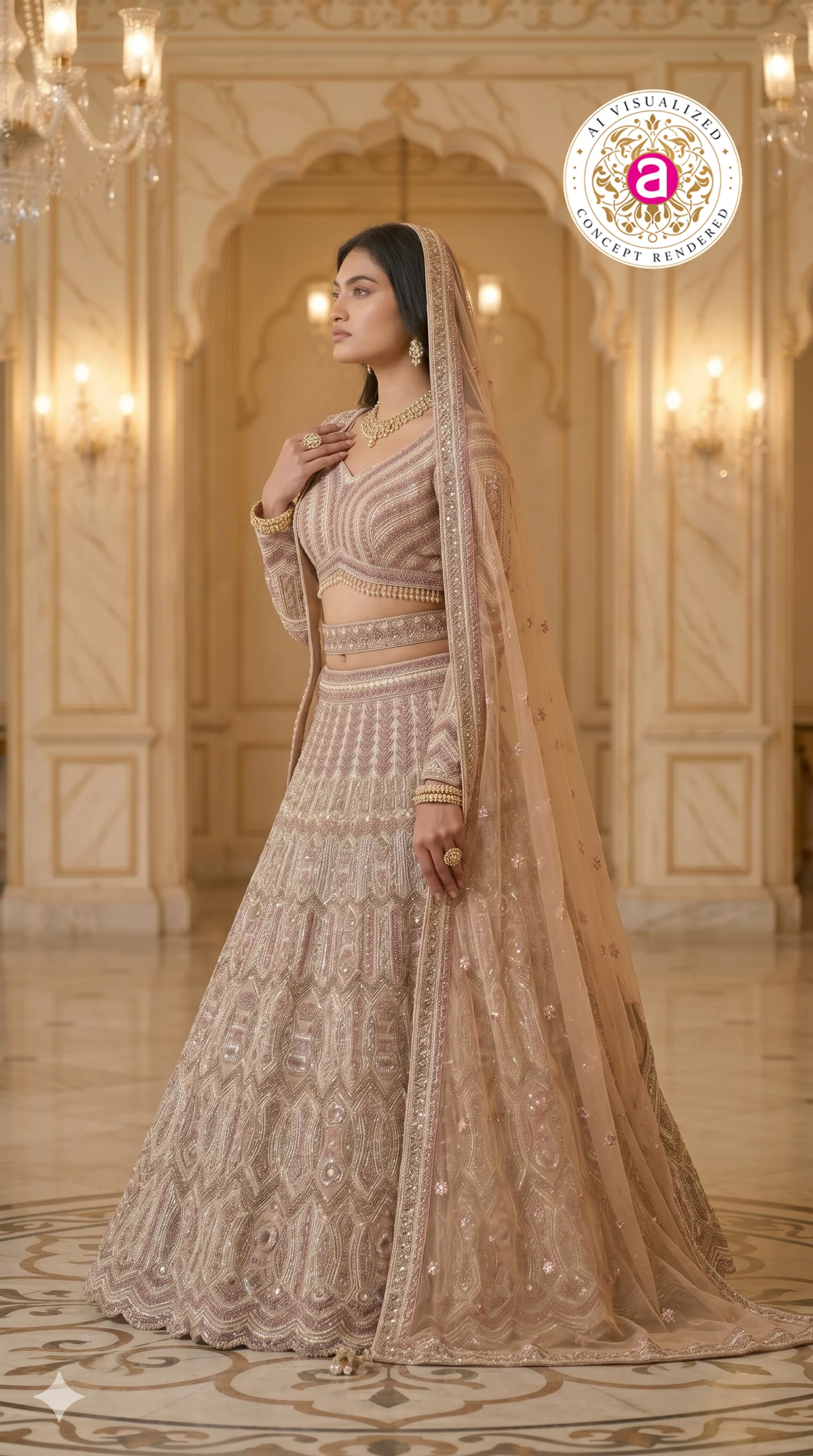 Champagne Beige Designer Lehenga Set with Intricate Embroidered Blouse and Net Dupatta - Image 6