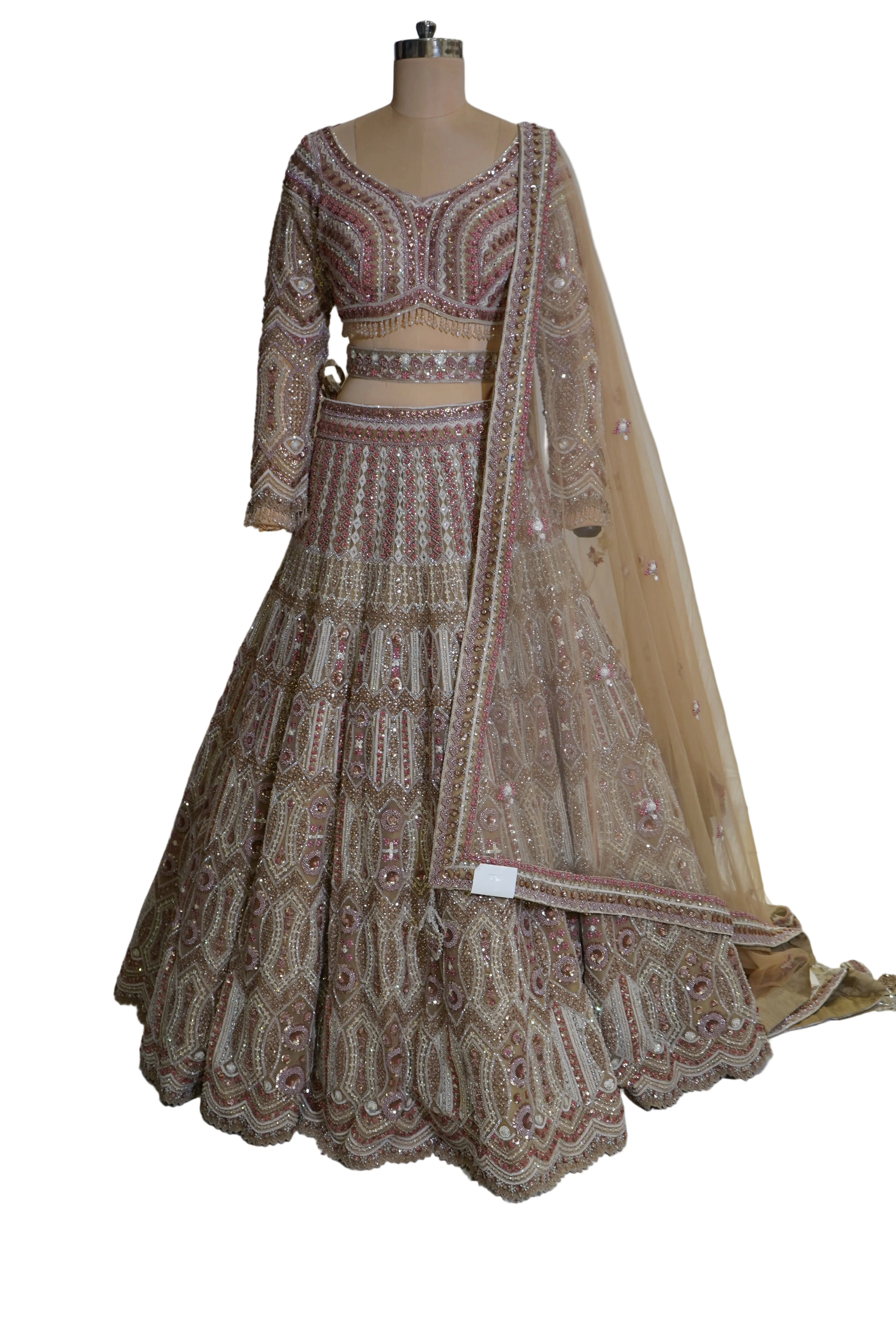 Champagne Beige Designer Lehenga Set with Intricate Embroidered Blouse and Net Dupatta - Image 7