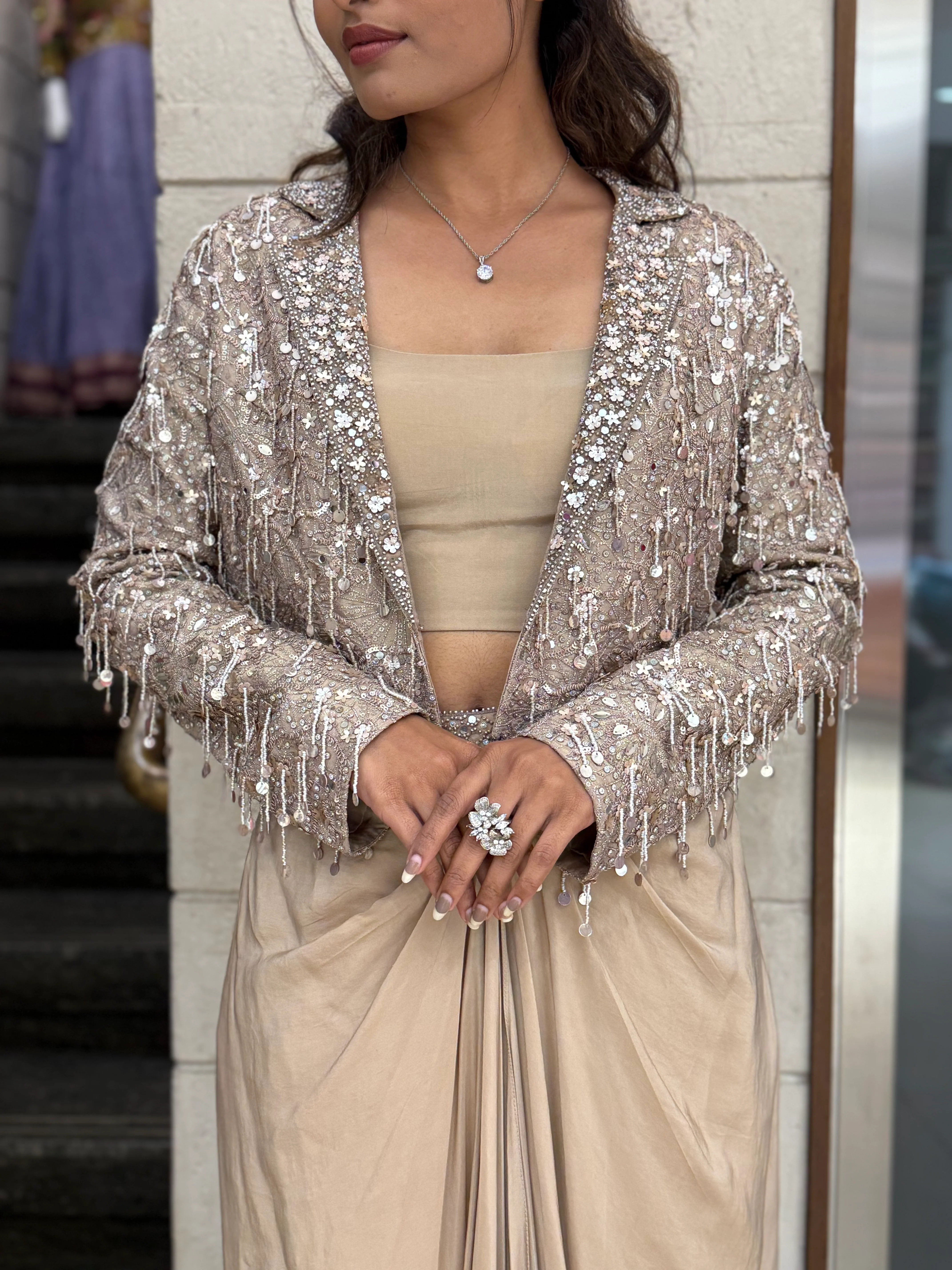 Champagne Beige Indo-Western Draped Skirt Set with Sequin Jacket - Image 2