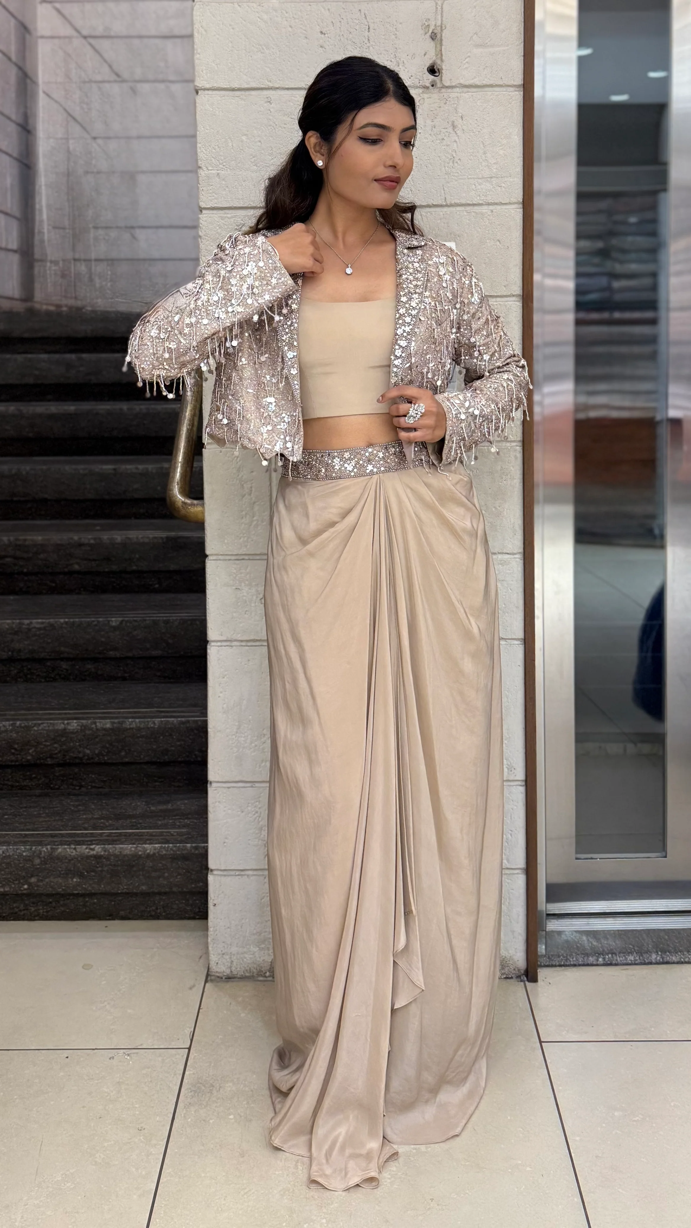 Champagne Beige Indo-Western Draped Skirt Set with Sequin Jacket - Image 3
