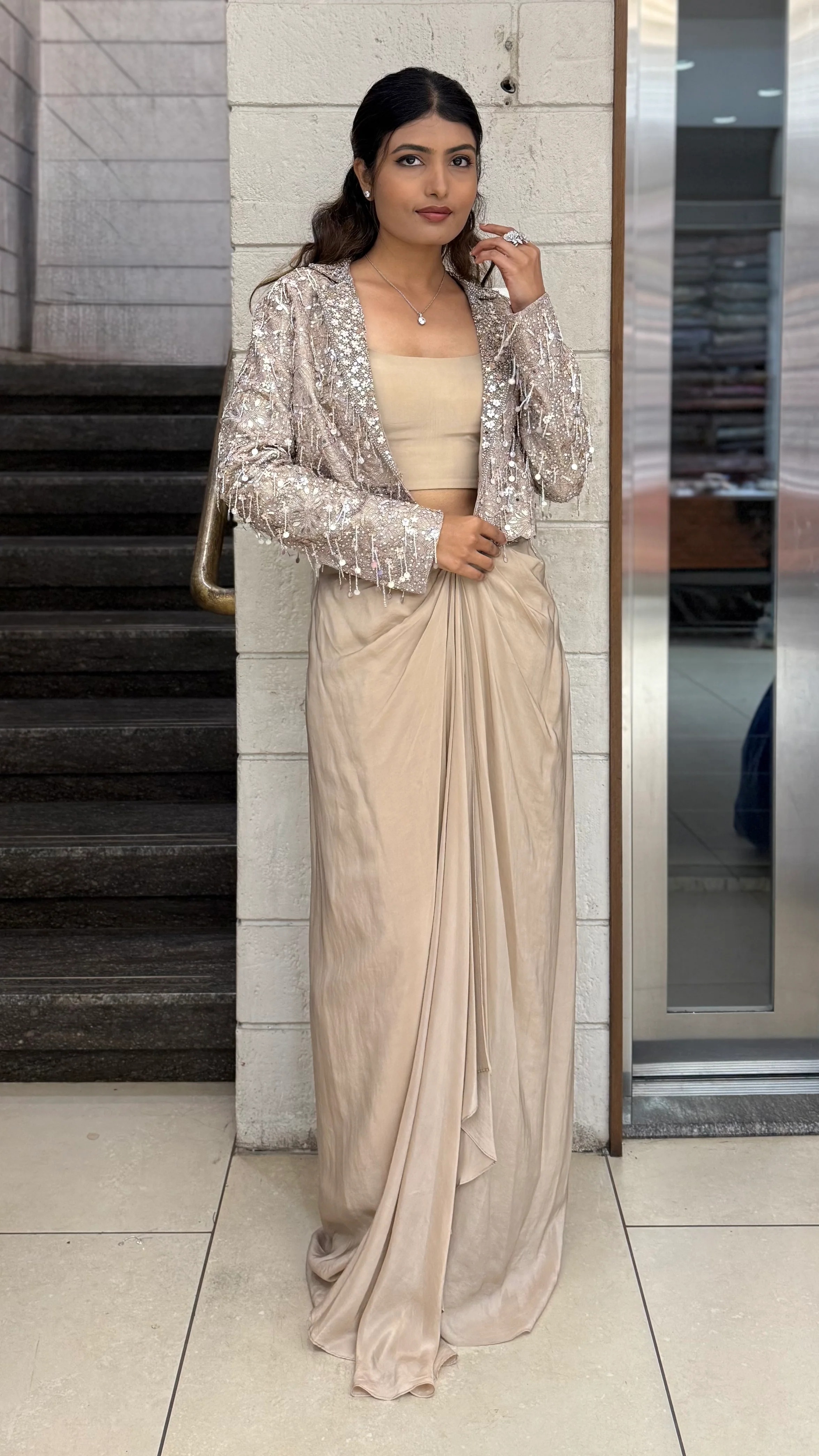 Champagne Beige Indo-Western Draped Skirt Set with Sequin Jacket - Image 4