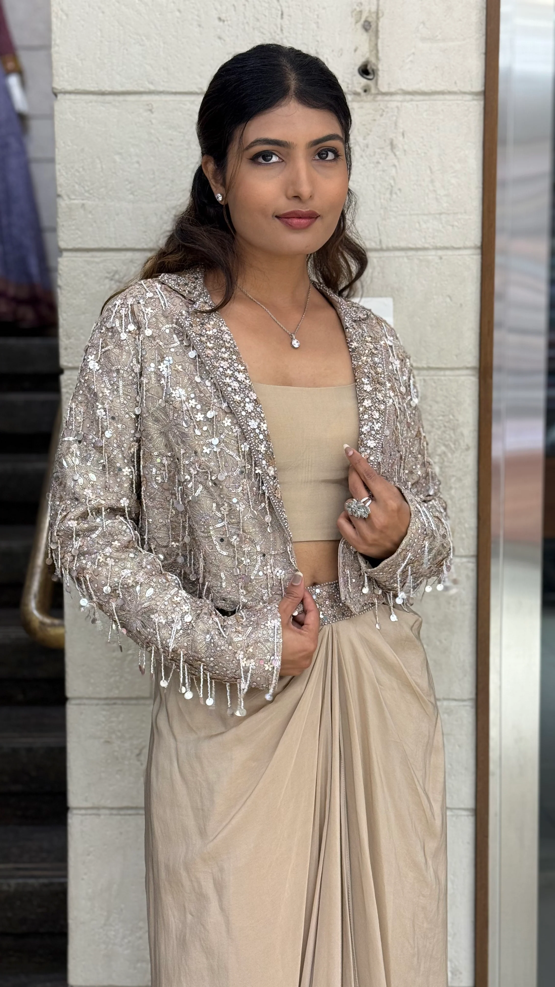 Champagne Beige Indo-Western Draped Skirt Set with Sequin Jacket - Image 5