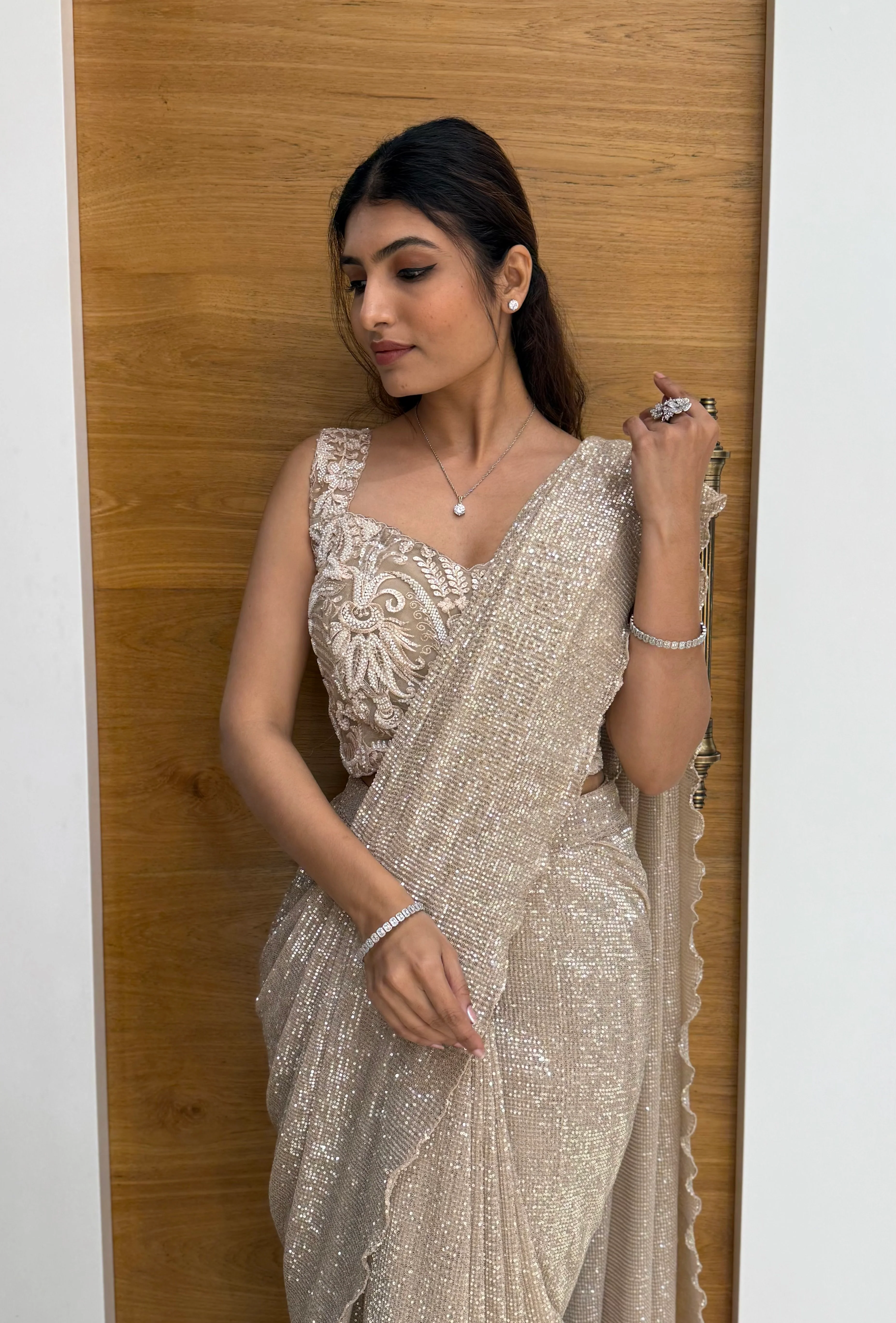 Champagne Gold All-Over Sequin Designer Saree with Embroidered Blouse - Image 5