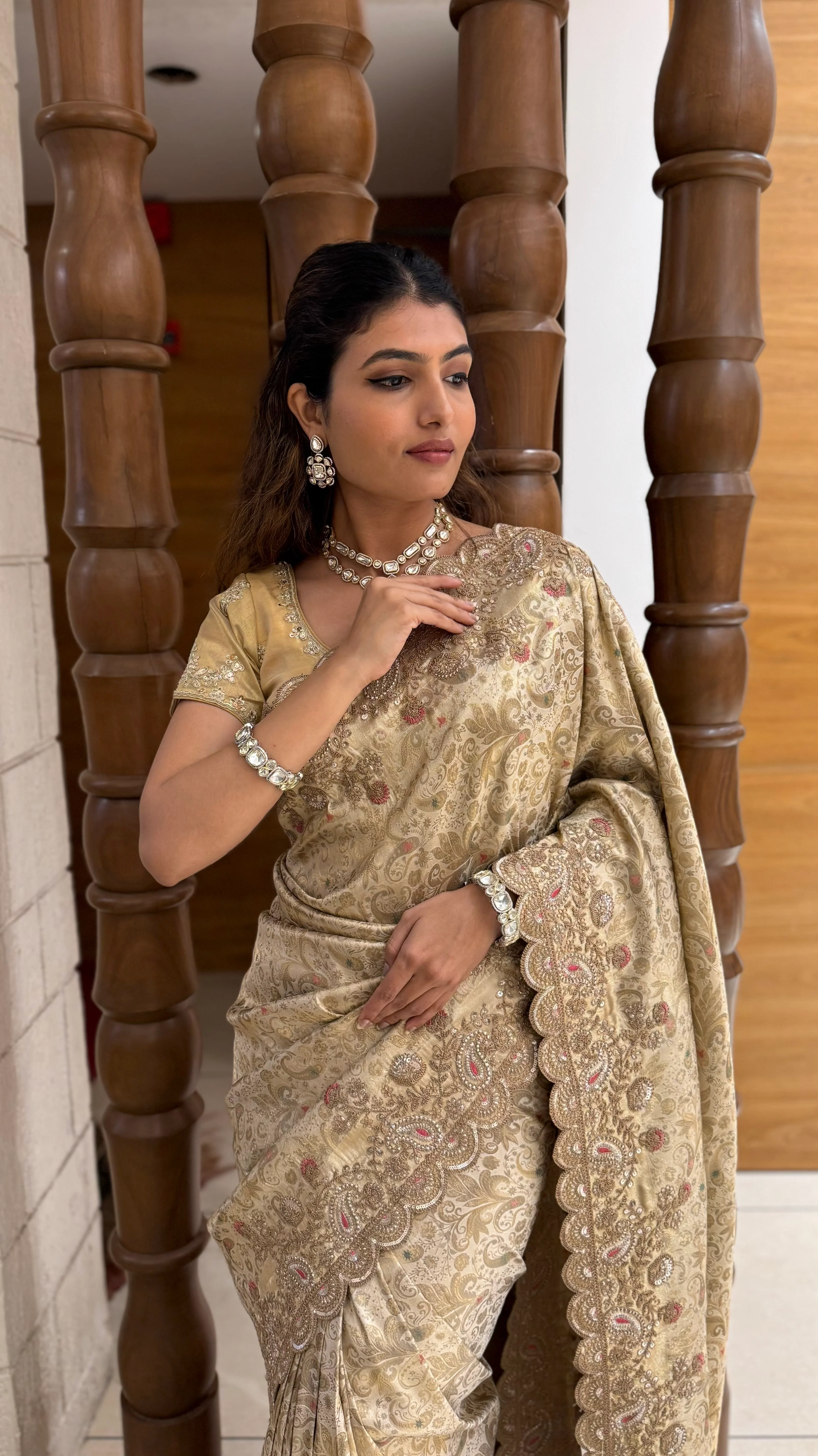Champagne Gold Banarasi Silk Saree with Scalloped Zari Border - Image 2