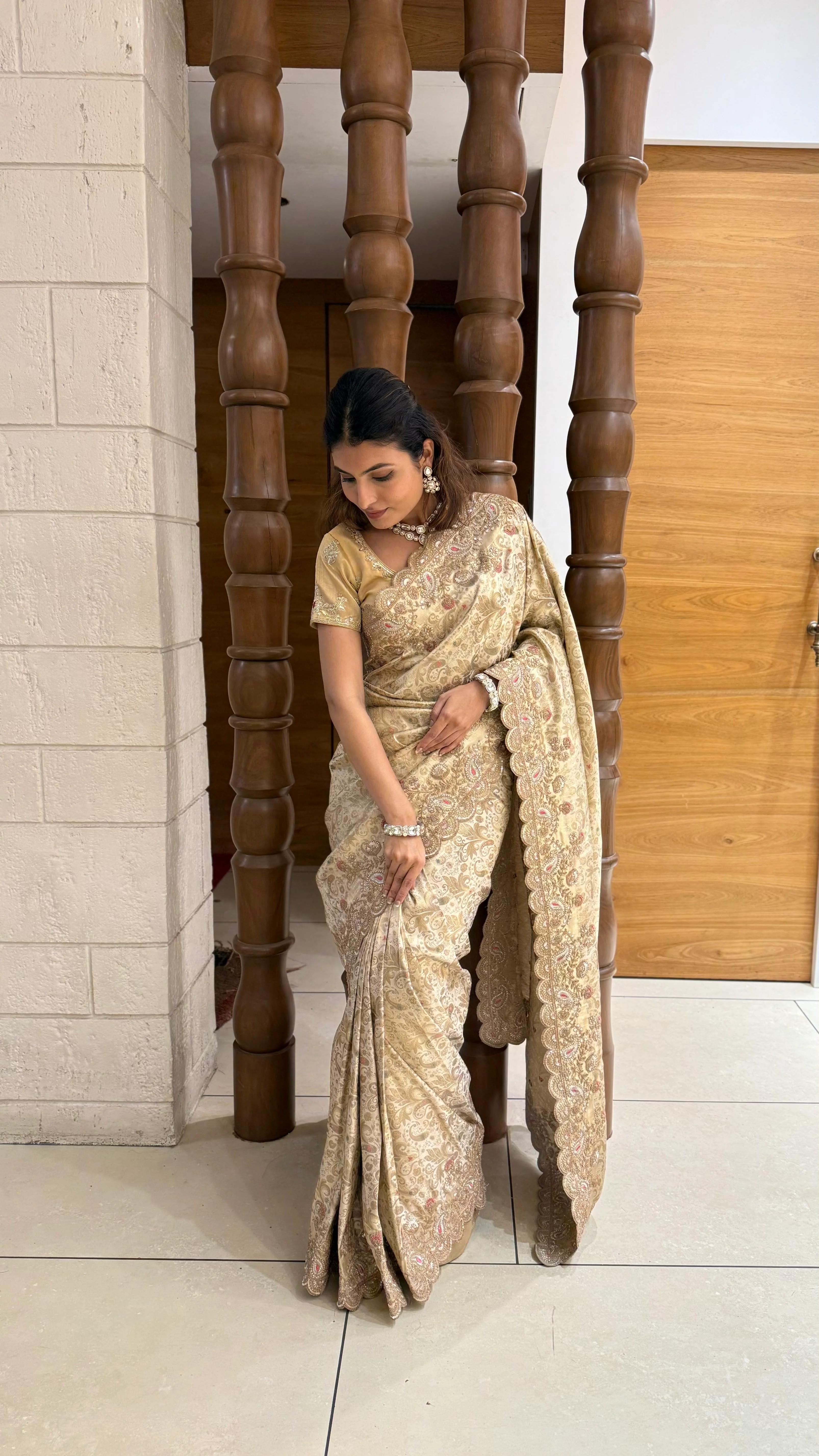Champagne Gold Banarasi Silk Saree with Scalloped Zari Border - Image 3