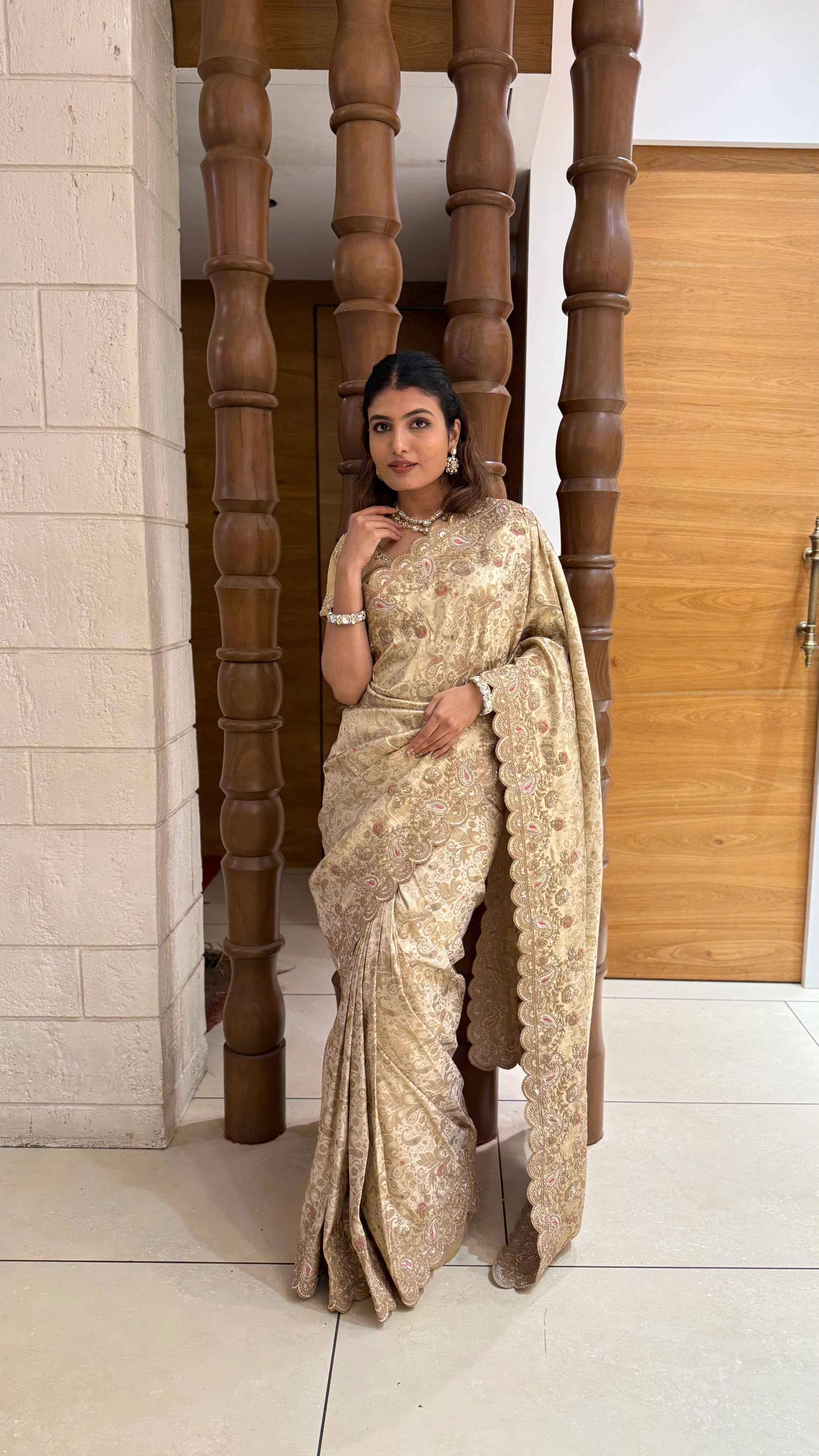 Champagne Gold Banarasi Silk Saree with Scalloped Zari Border - Image 4
