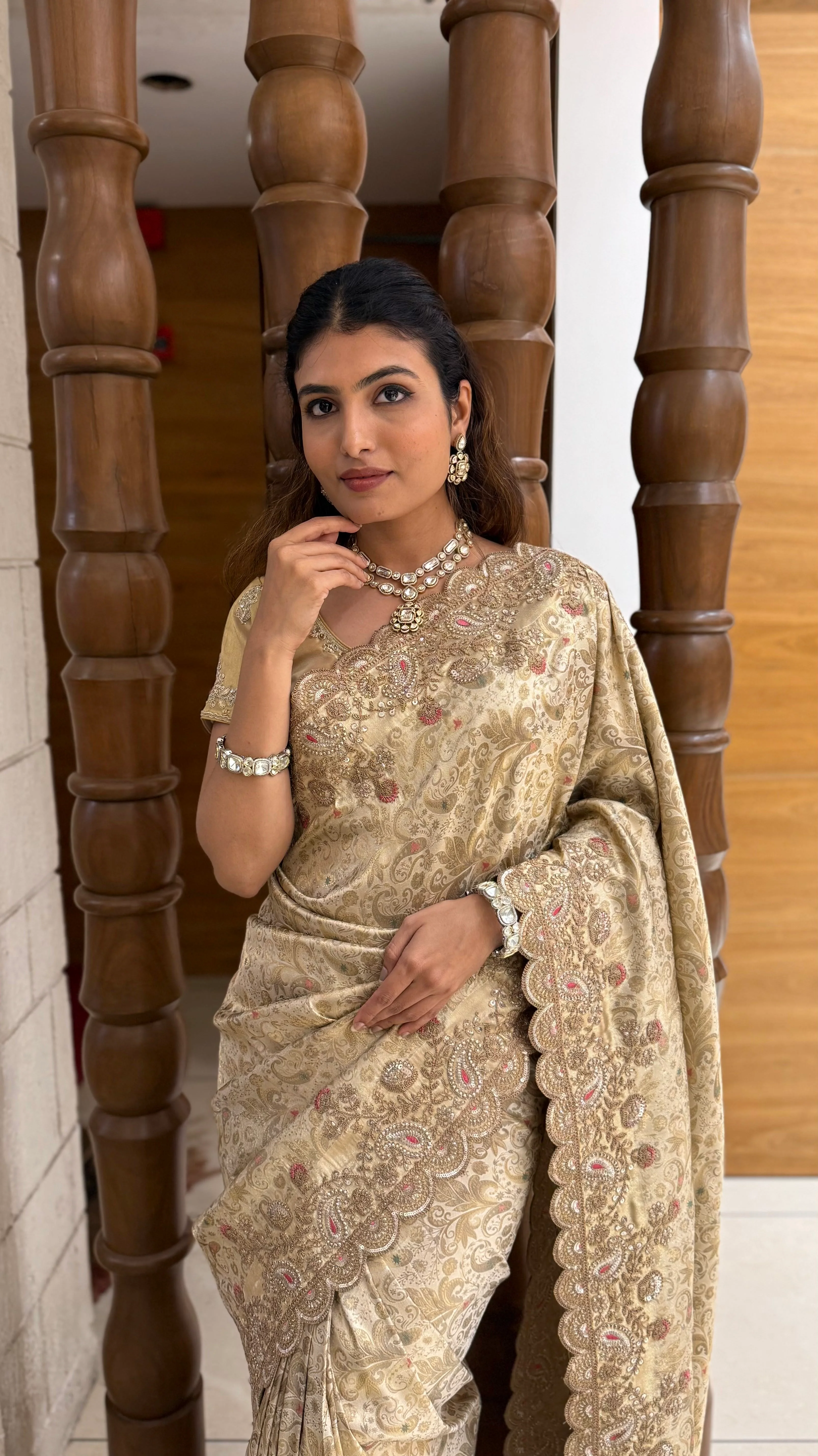 Champagne Gold Banarasi Silk Saree with Scalloped Zari Border - Image 5