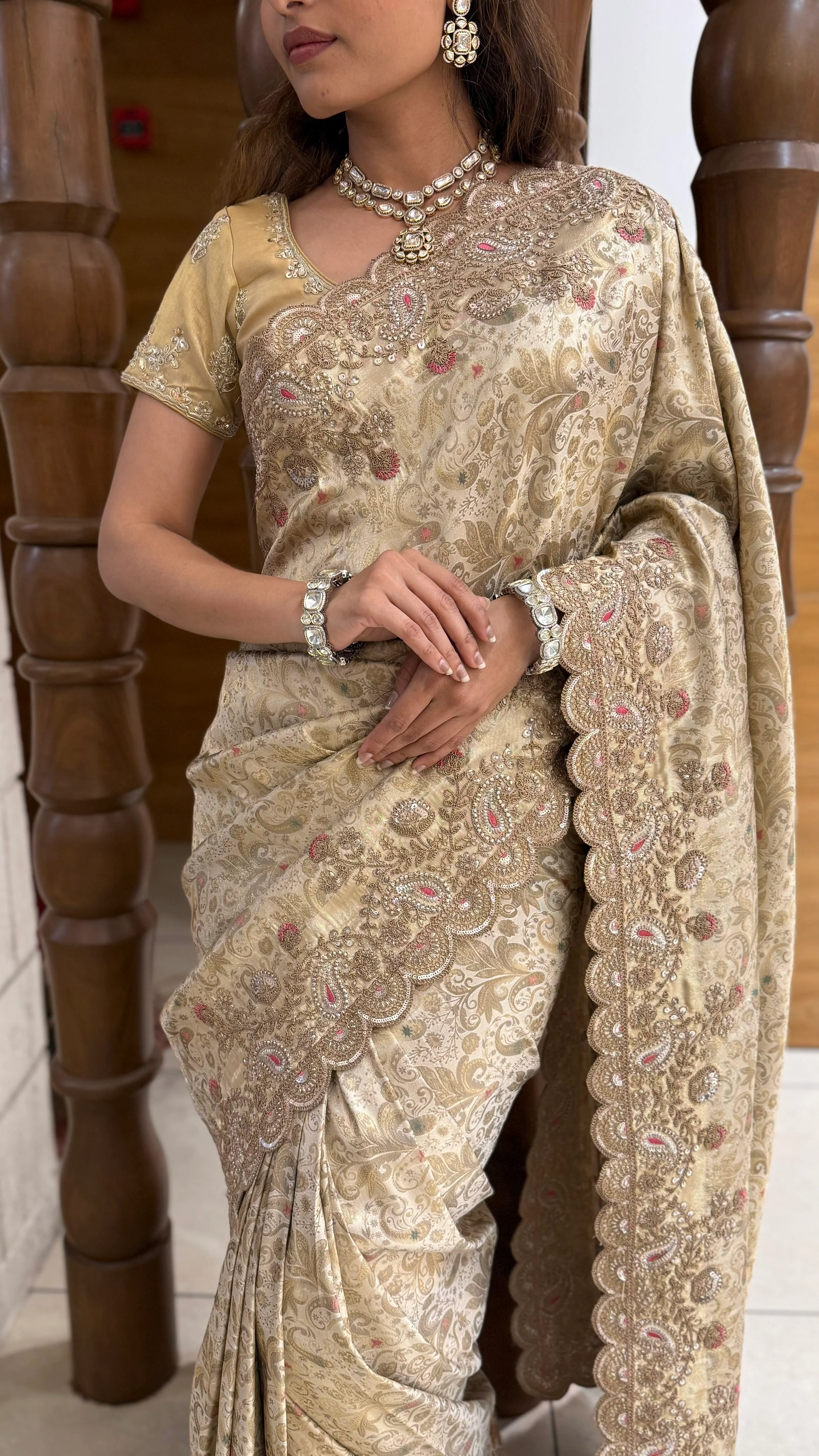 Champagne Gold Banarasi Silk Saree with Scalloped Zari Border - Image 6