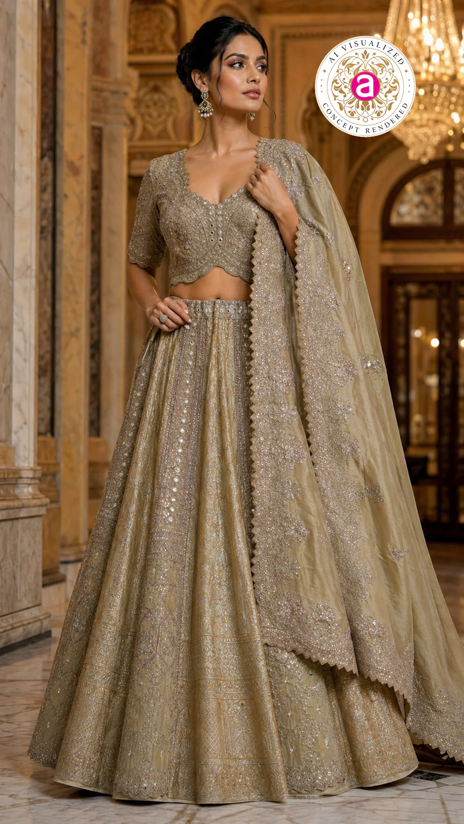 Champagne Gold Designer Bridal Lehenga Set with Heavy Embroidery & Elegant Dupatta - Image 3