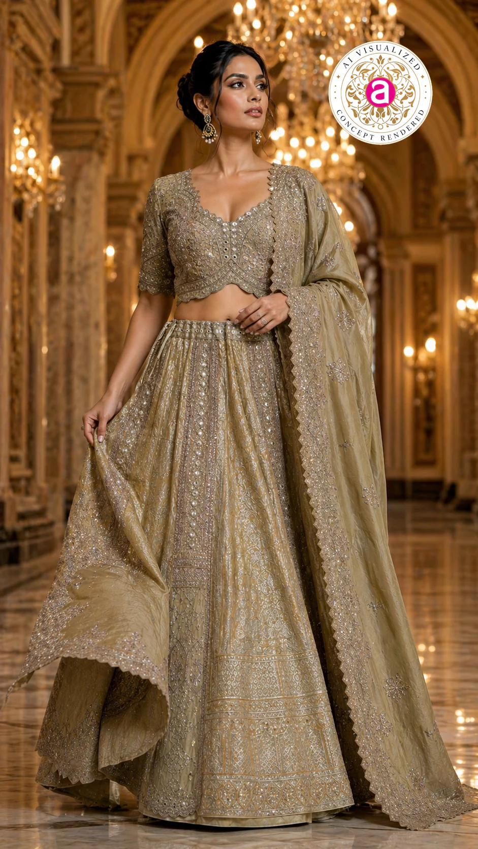 Champagne Gold Designer Bridal Lehenga Set with Heavy Embroidery & Elegant Dupatta - Image 4