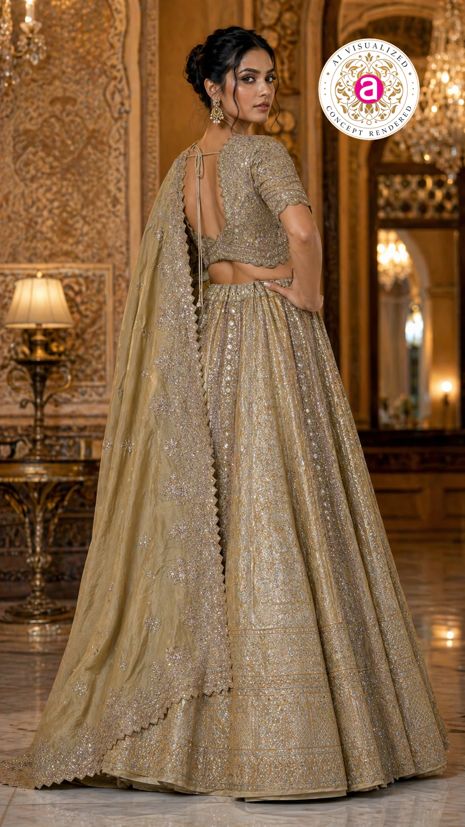 Champagne Gold Designer Bridal Lehenga Set with Heavy Embroidery & Elegant Dupatta - Image 5