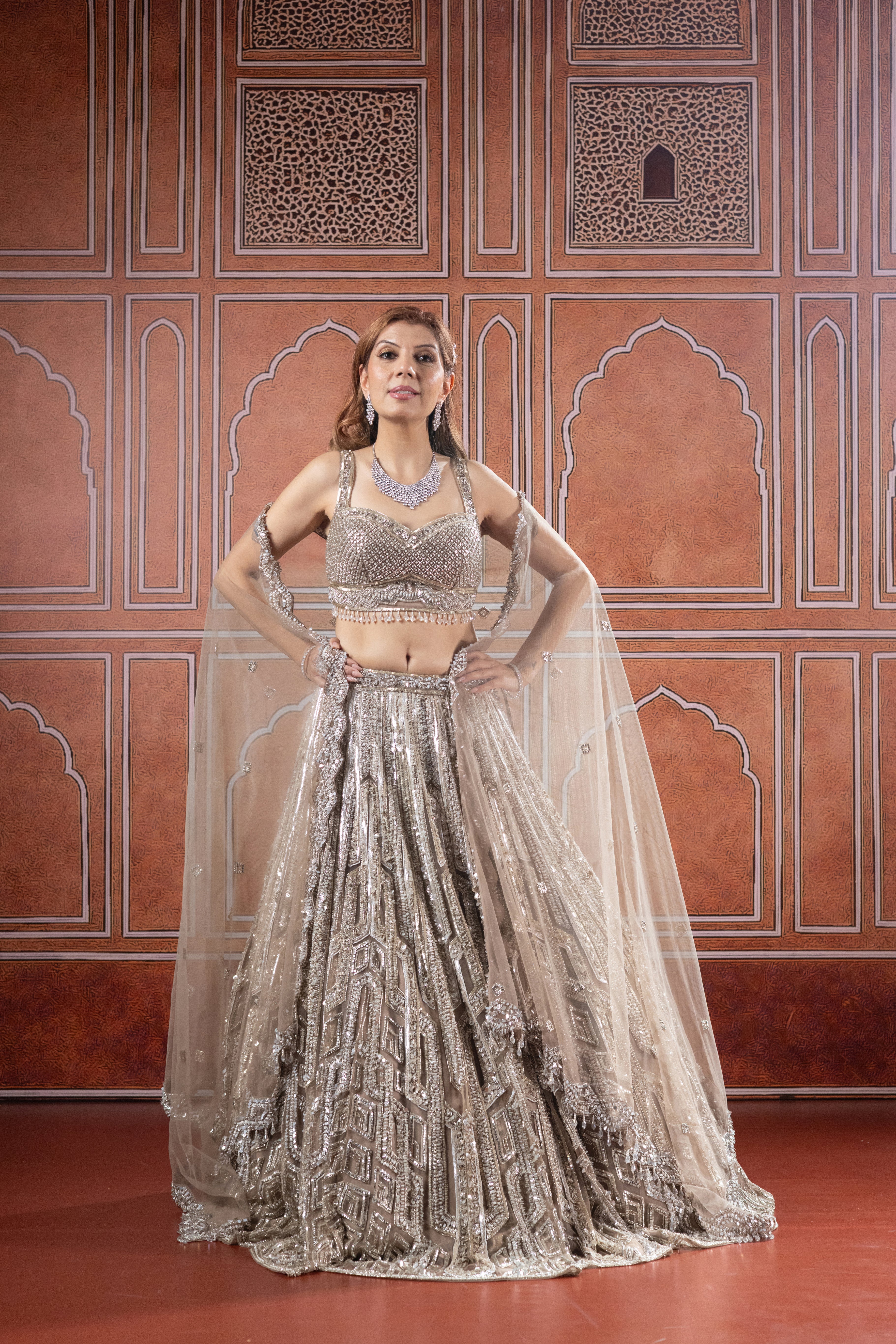 Champagne Gold Designer Embroidered Bridal Lehenga with Net Dupatta - Image 4