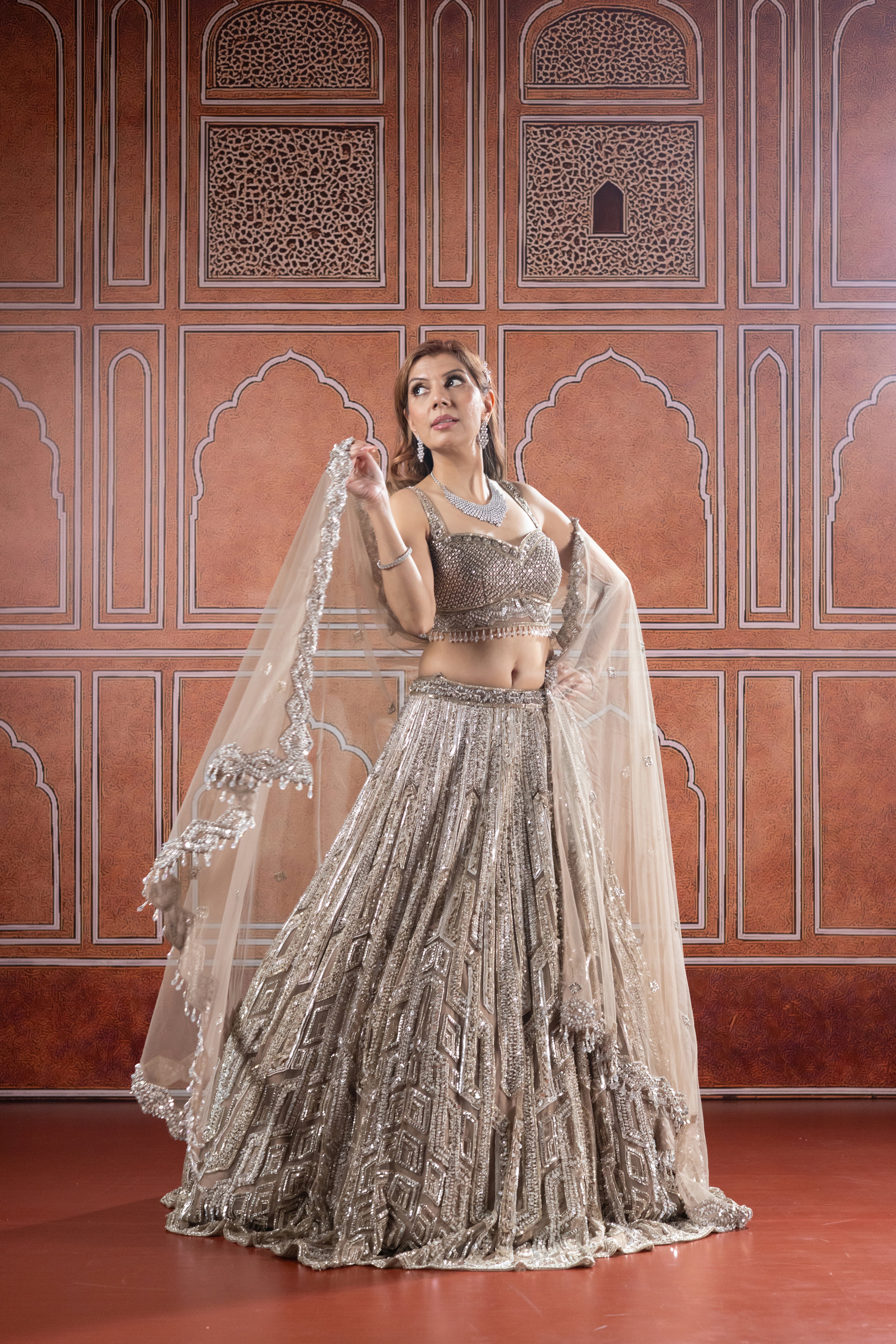 Champagne Gold Designer Embroidered Bridal Lehenga with Net Dupatta - Image 5