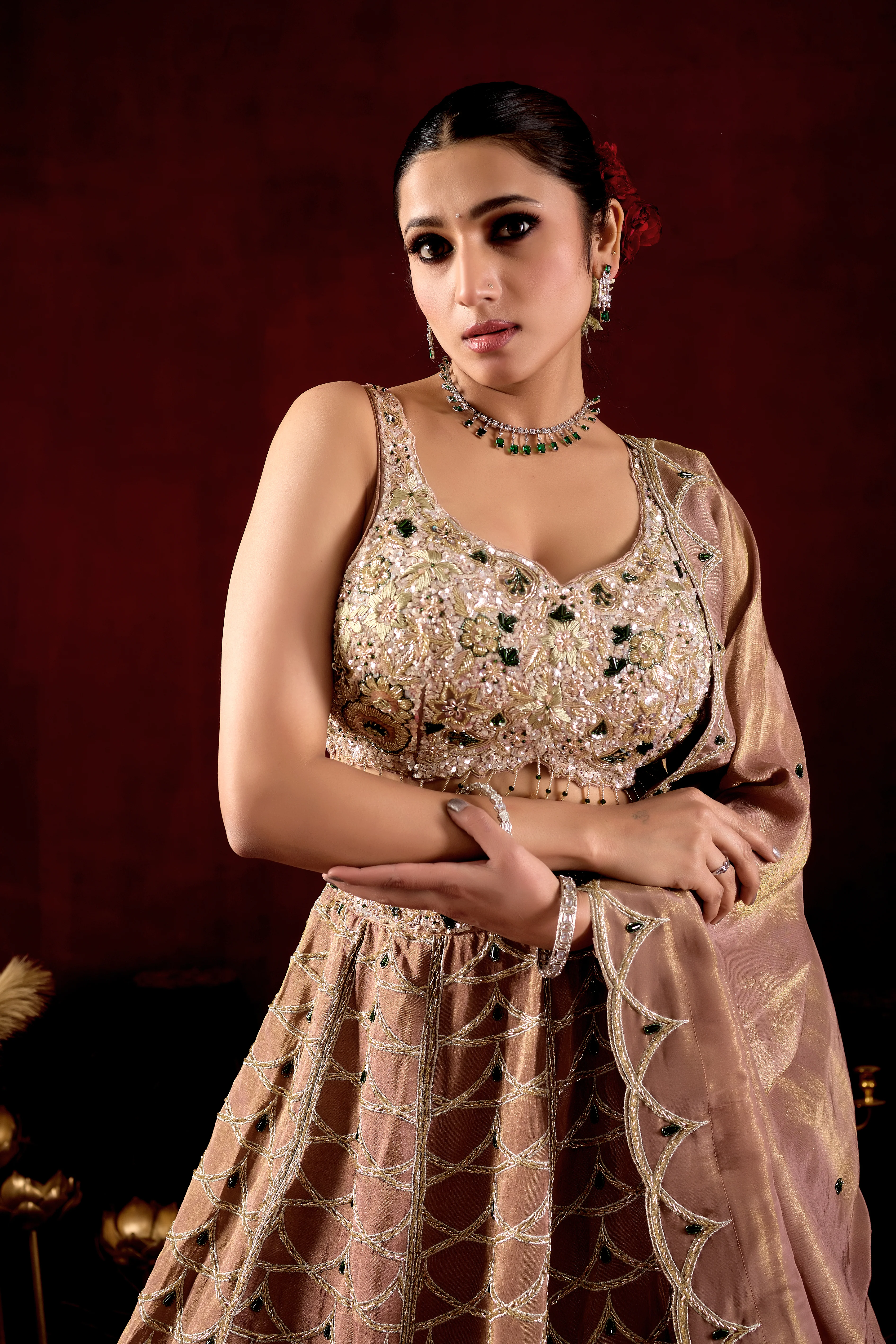 Champagne Gold Designer Lehenga Set with Crystal Embroidered Blouse & Dupatta - Image 2