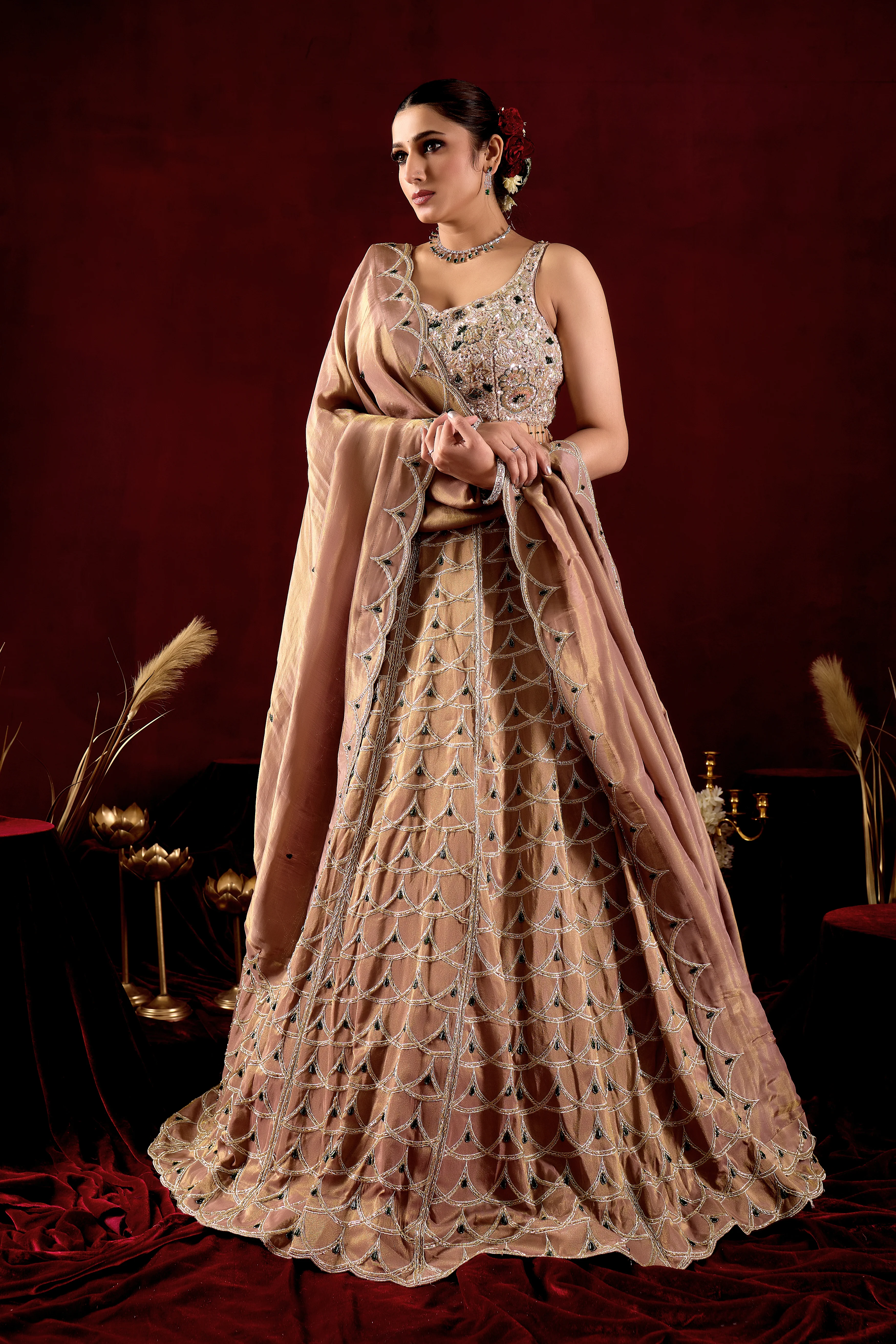 Champagne Gold Designer Lehenga Set with Crystal Embroidered Blouse & Dupatta - Image 3