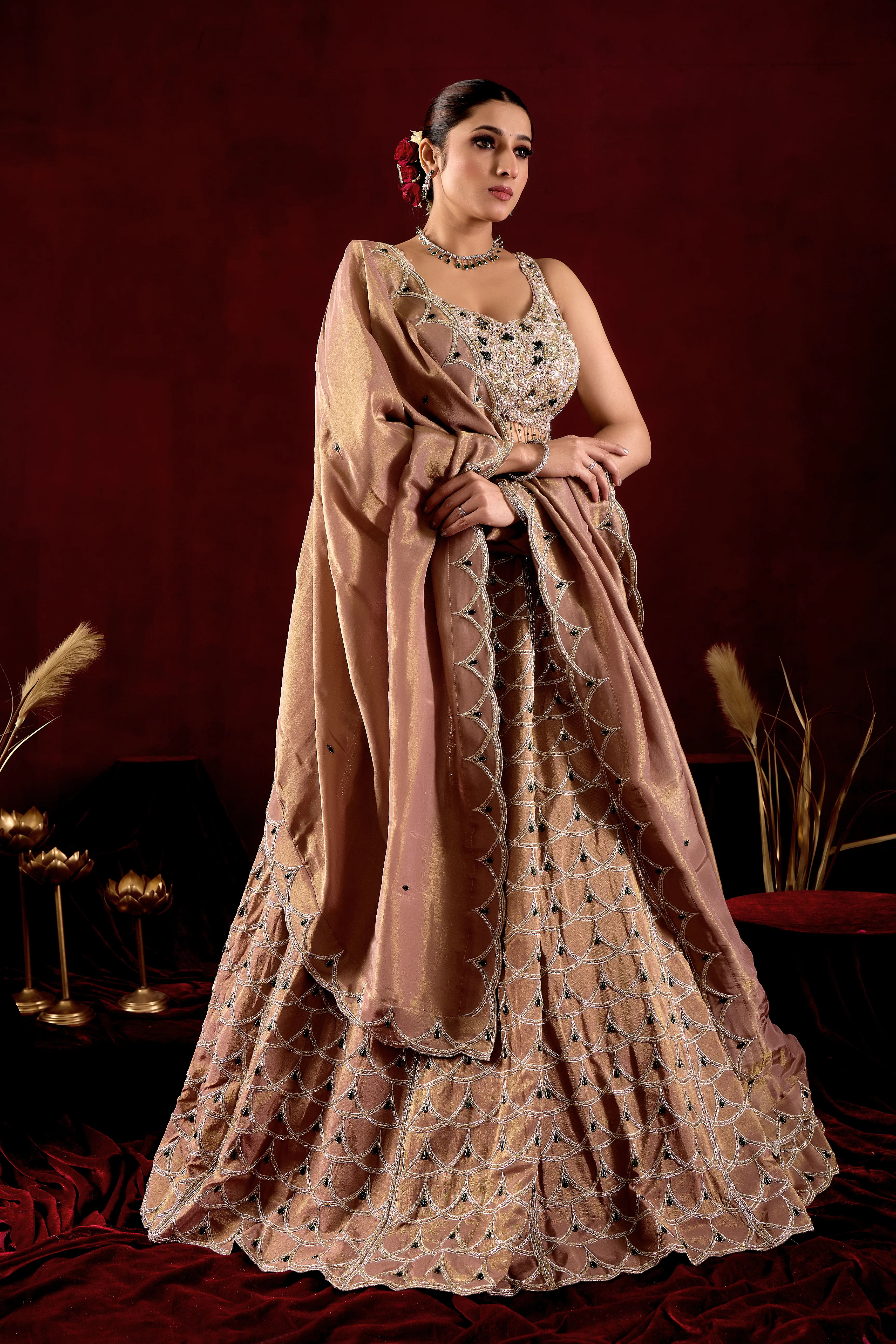 Champagne Gold Designer Lehenga Set with Crystal Embroidered Blouse & Dupatta - Image 4