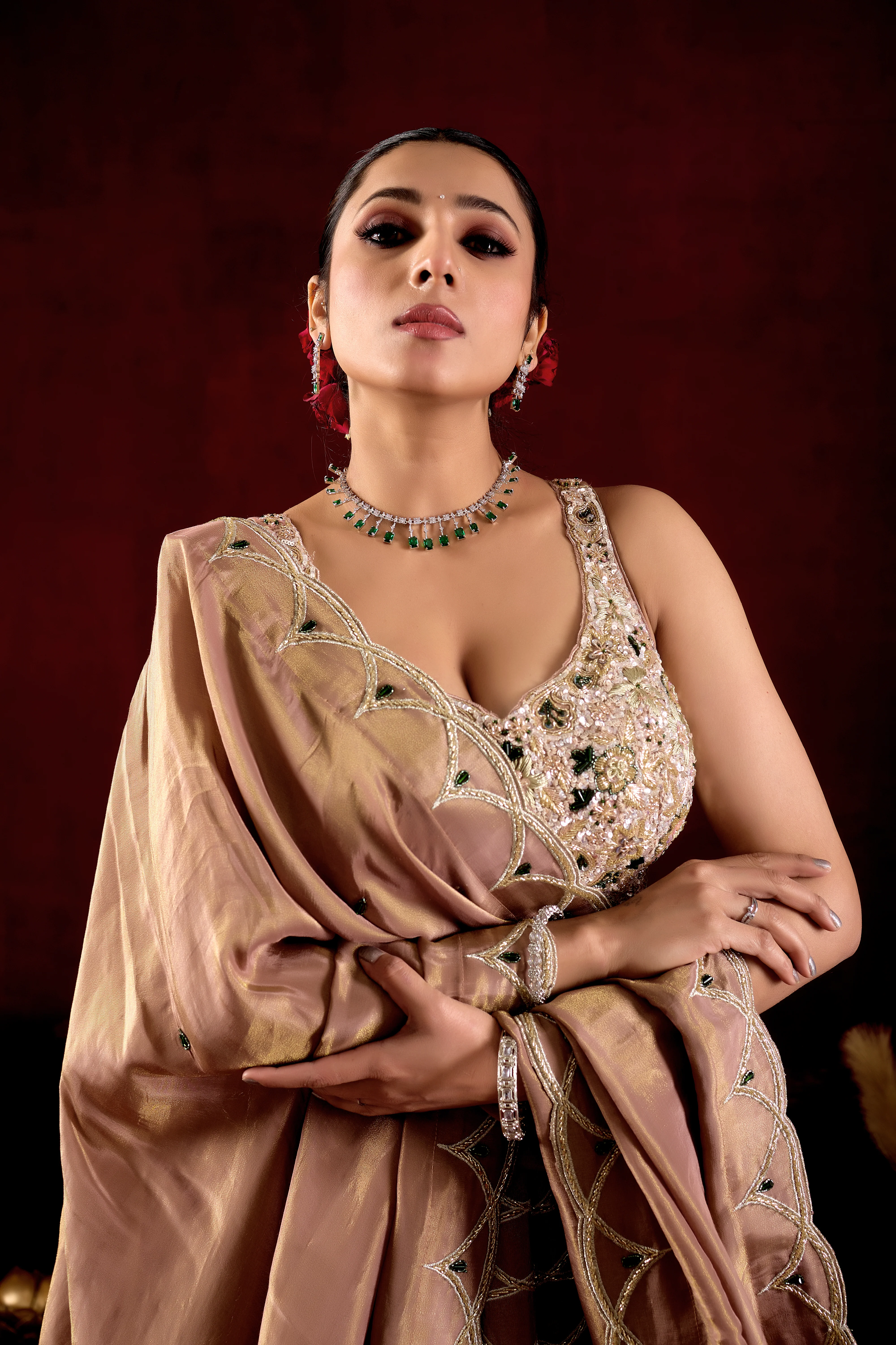 Champagne Gold Designer Lehenga Set with Crystal Embroidered Blouse & Dupatta - Image 5