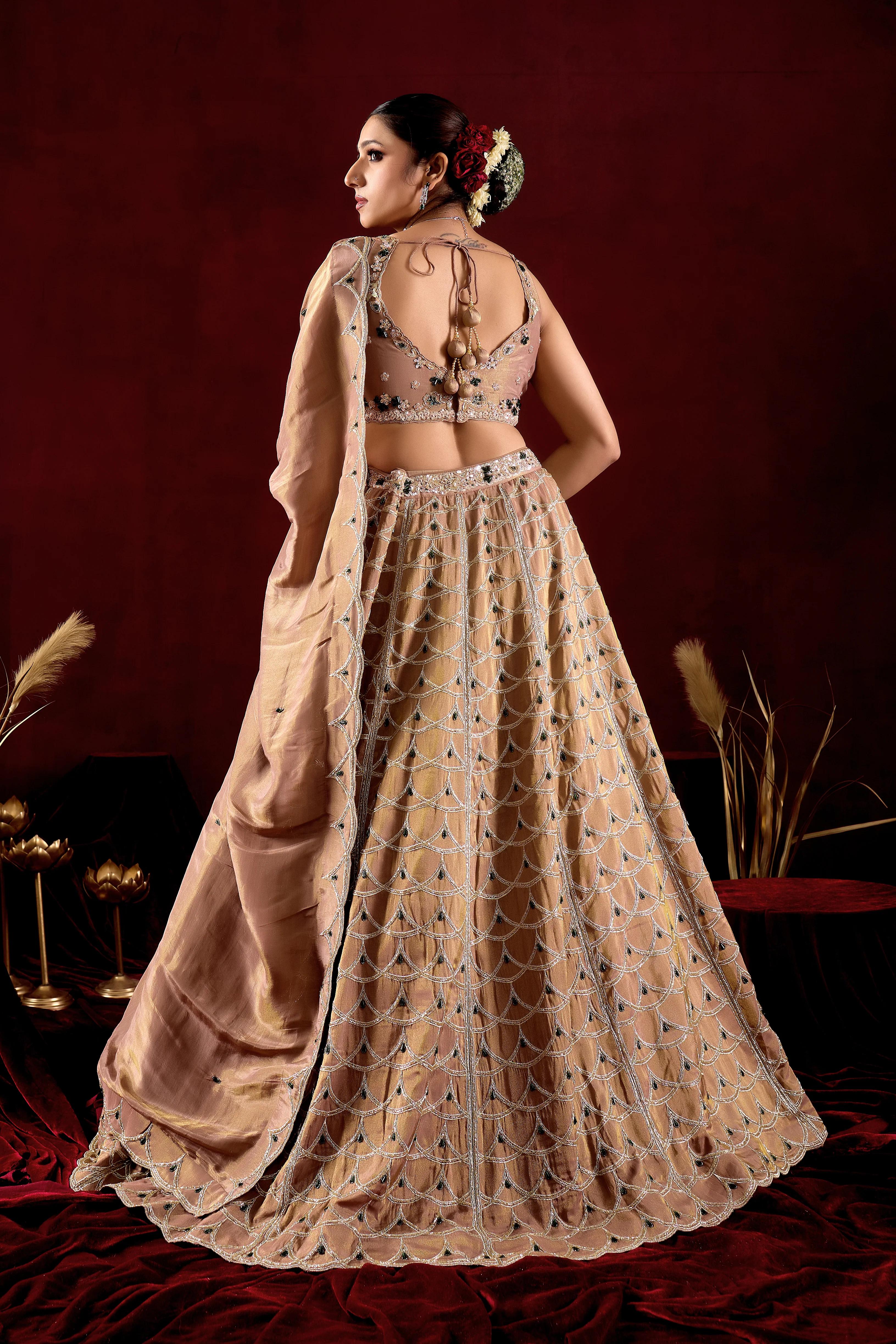 Champagne Gold Designer Lehenga Set with Crystal Embroidered Blouse & Dupatta - Image 6
