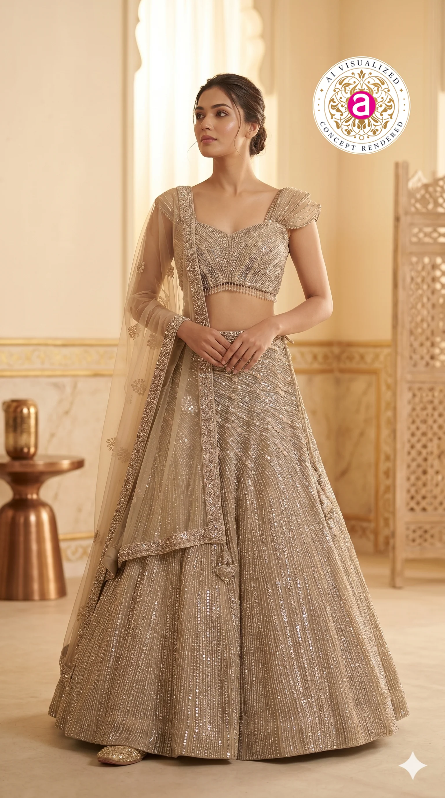 Champagne Gold Designer Lehenga Set with Embellished Blouse and Net Dupatta - Image 2