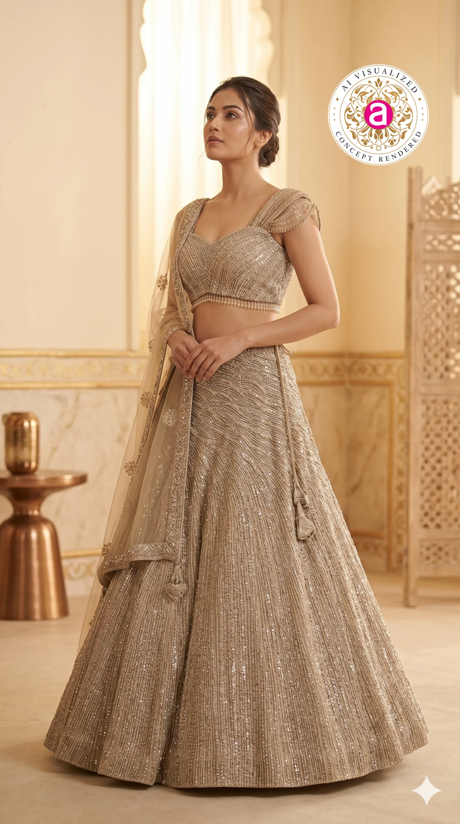Champagne Gold Designer Lehenga Set with Embellished Blouse and Net Dupatta - Image 3