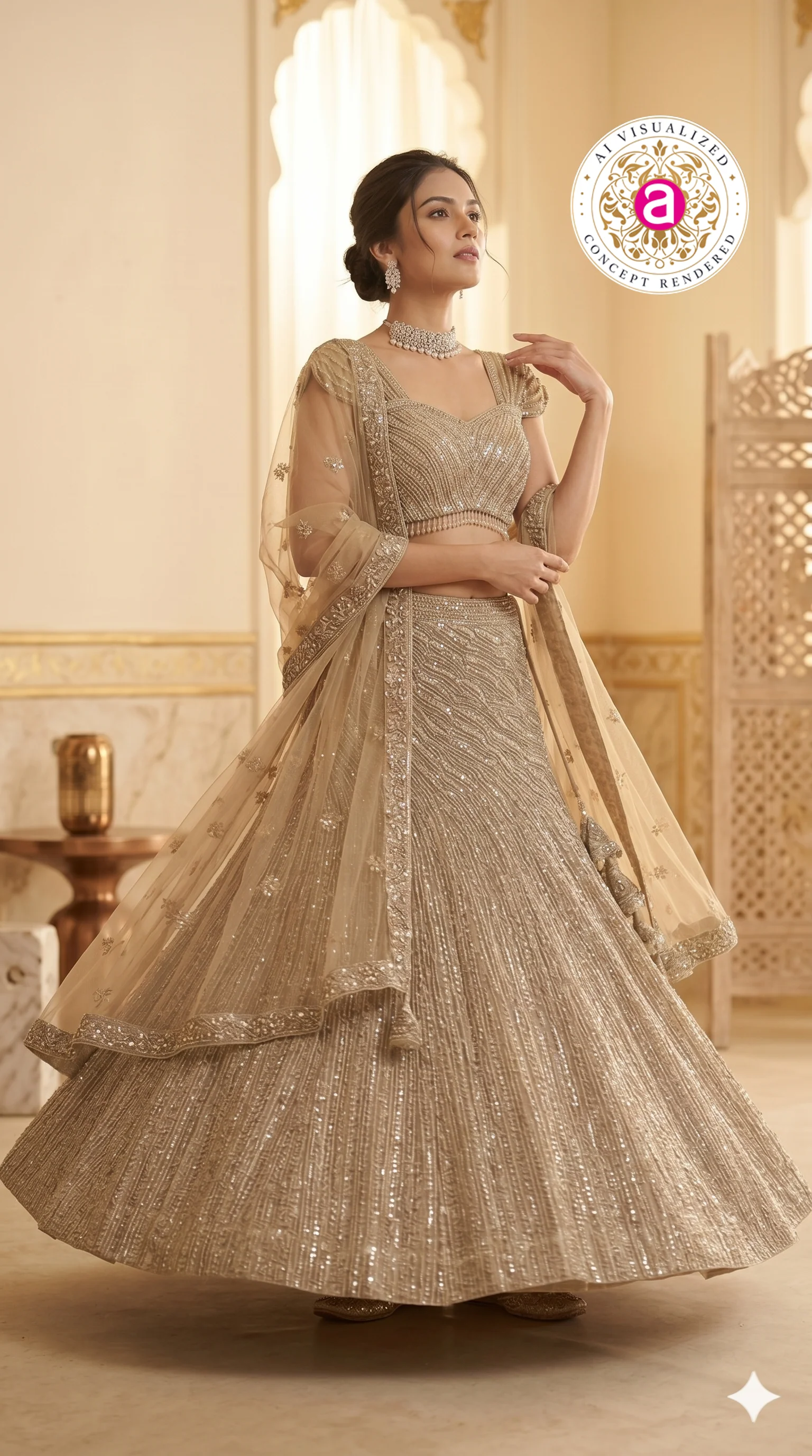 Champagne Gold Designer Lehenga Set with Embellished Blouse and Net Dupatta - Image 5
