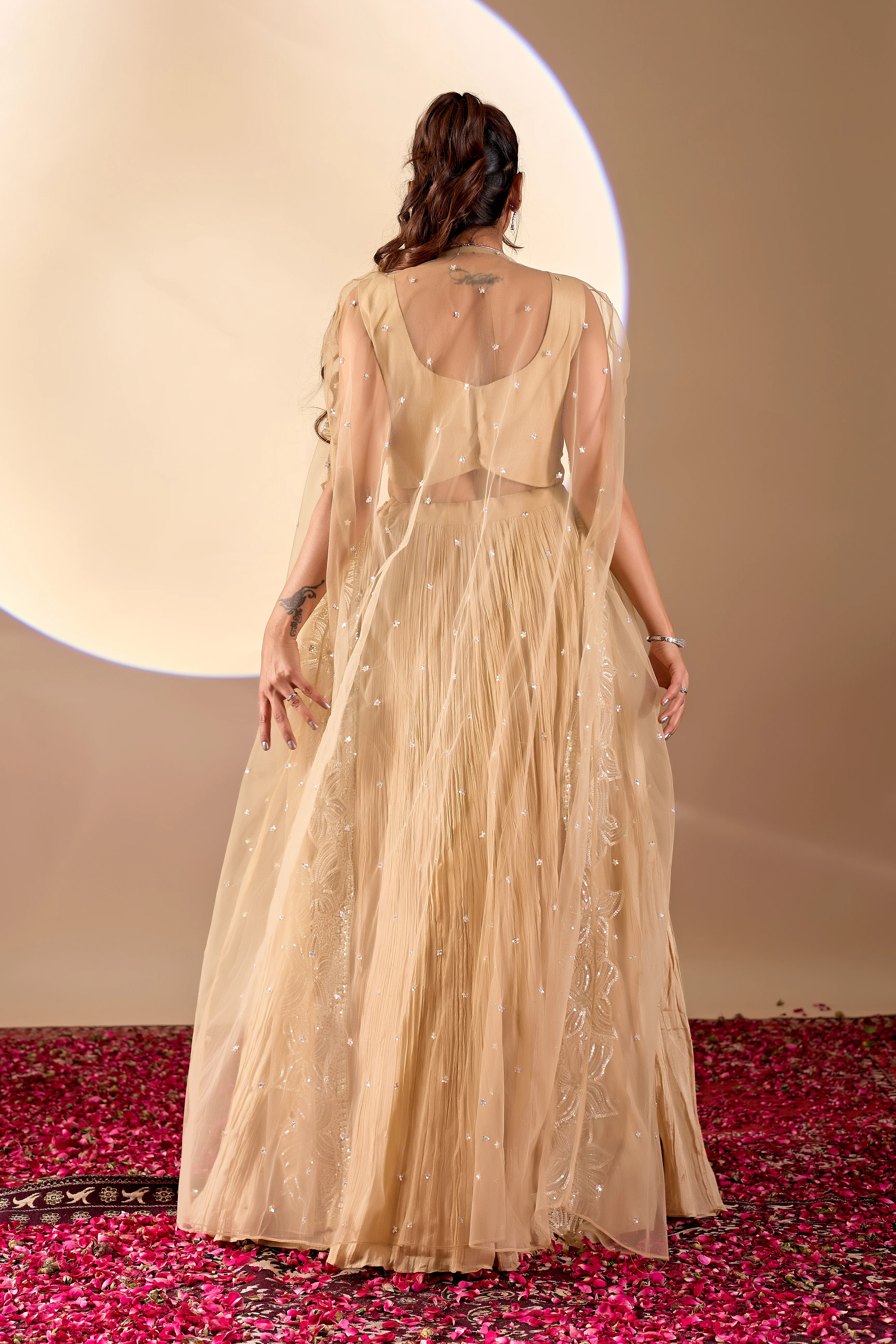Champagne Gold Designer Lehenga Set with Embellished Cape Dupatta - Image 3